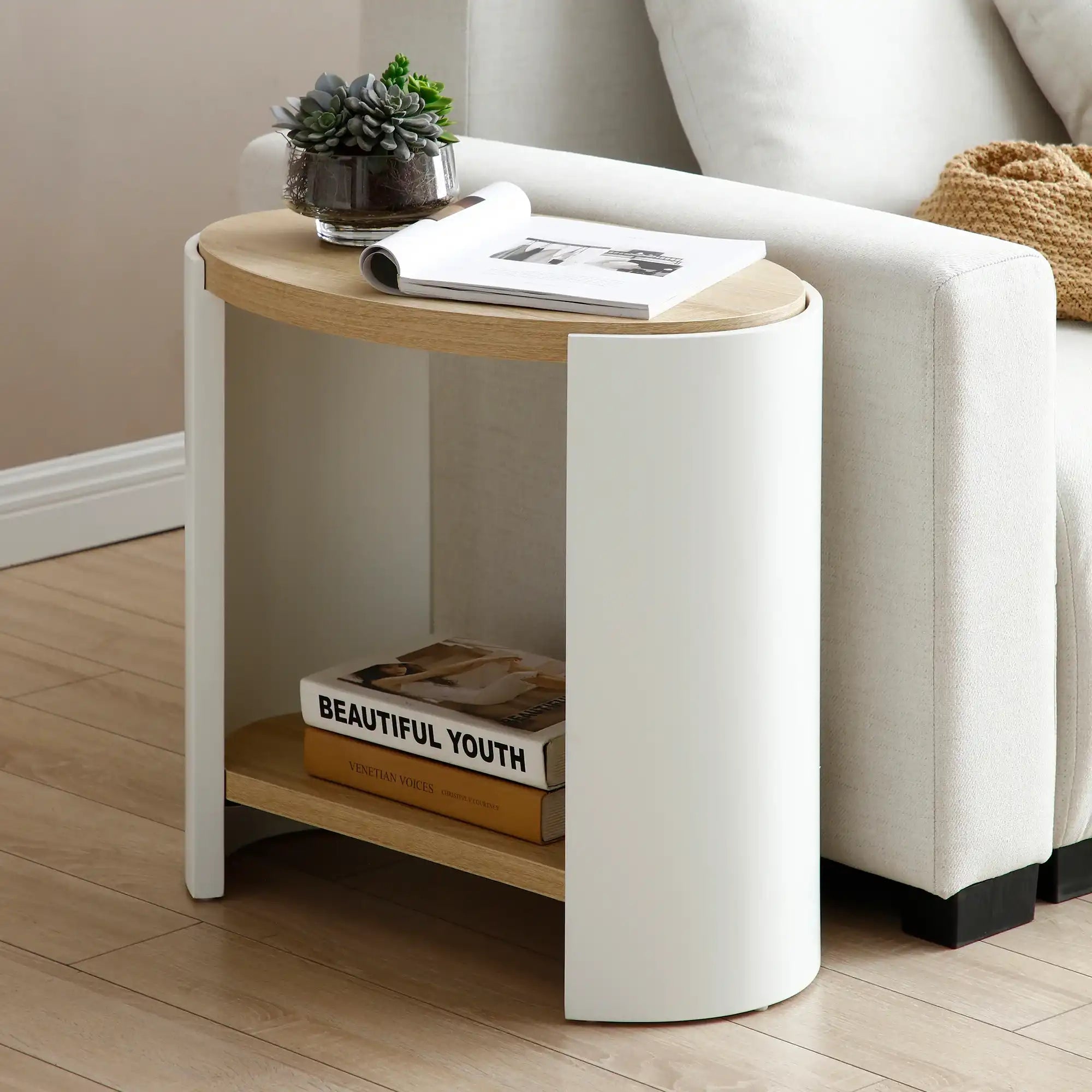 White Luxury End Table / Nightstand with 2-Layer Storage Shelves