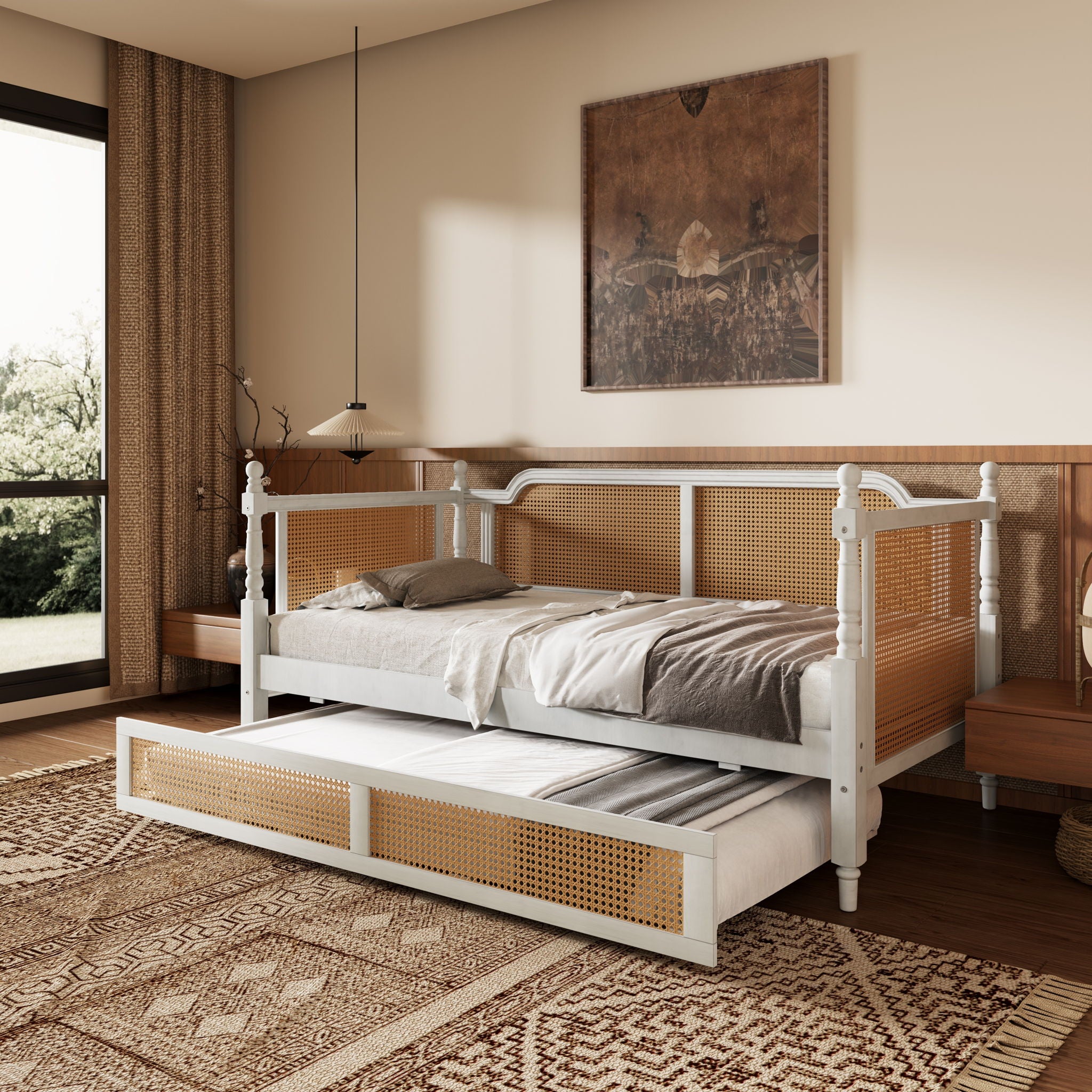 Traditional Style Rattan Daybed, No Box Spring Needed