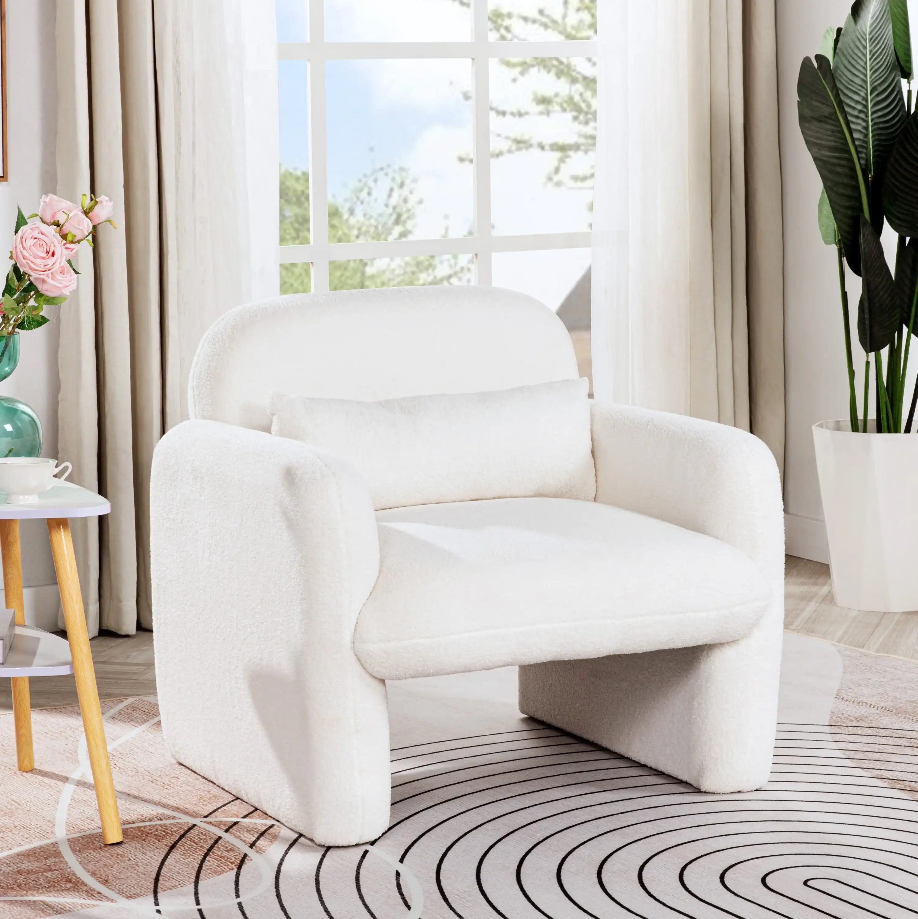 Minimalist Teddy Fleece Single Sofa Chair with Arms, Beige