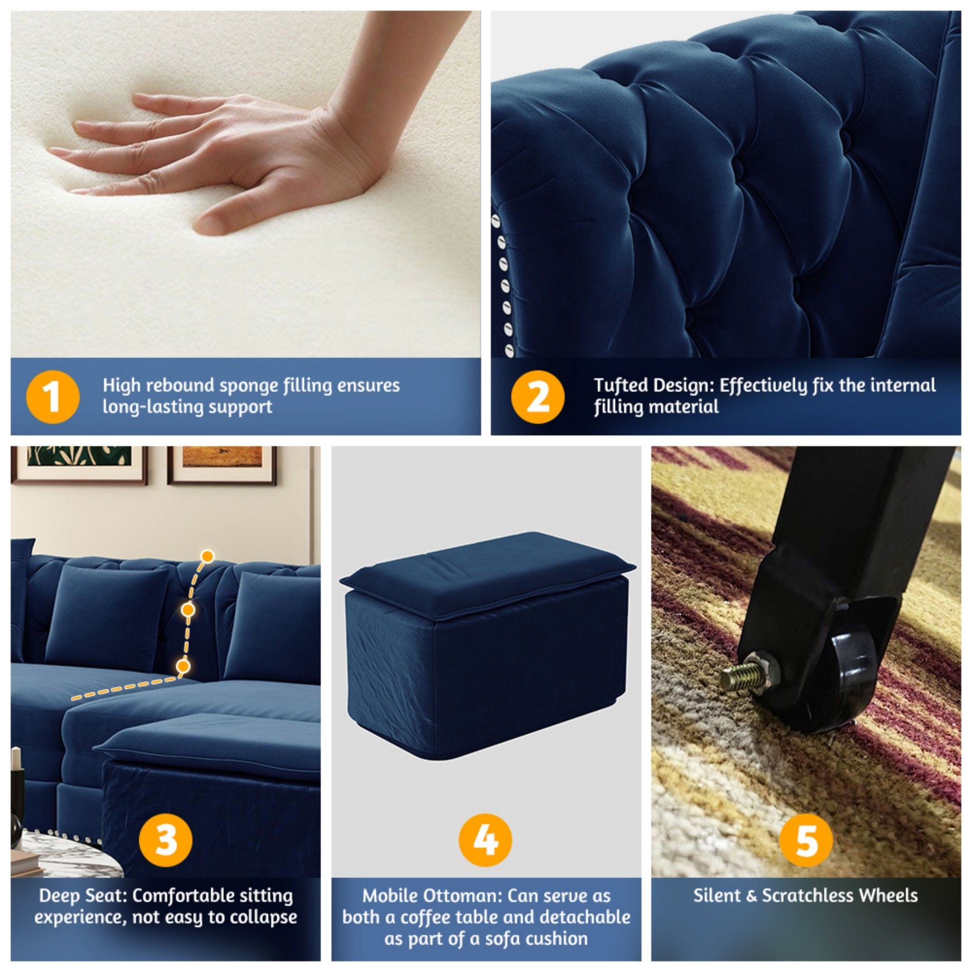 3 In 1 Pull Out Sofa Bed, Convertible Sleeper Sofa Bed, 3 Seater Sofa With Movable Ottoman - Blue