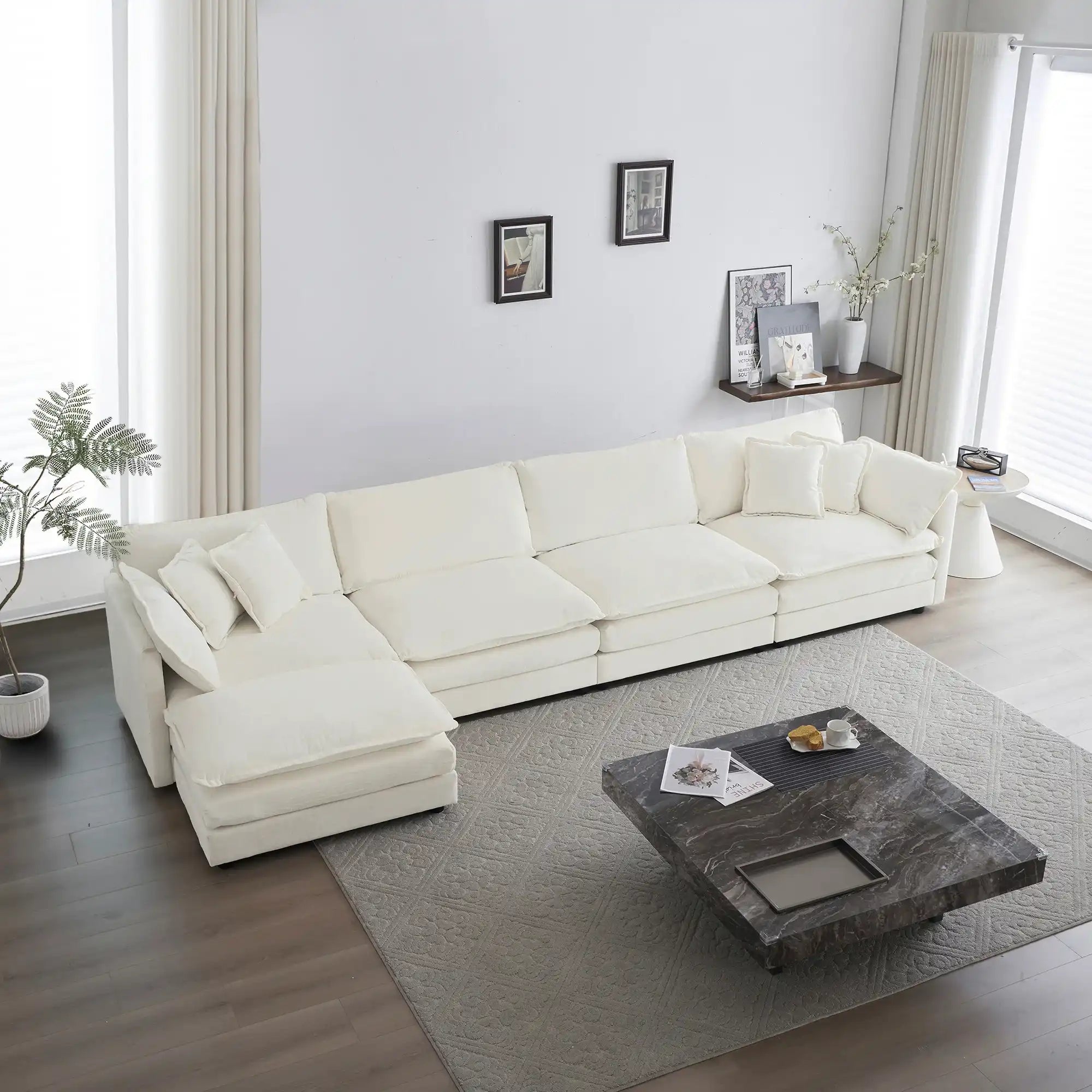 Modular U-Shaped Sectional Sofa, 5 Seater with Ottoman, White Chenille