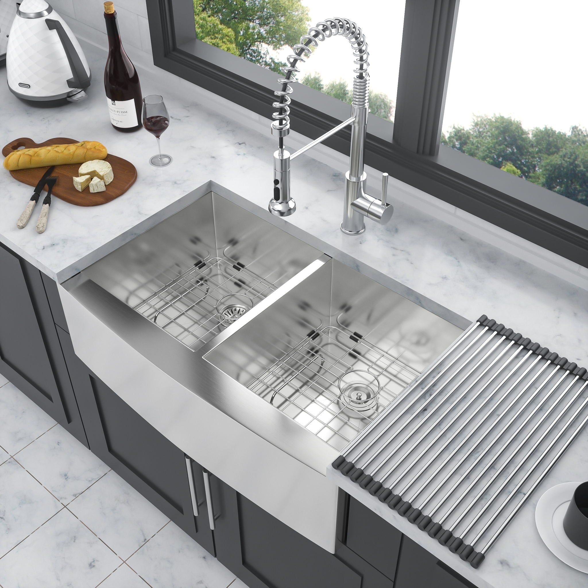 Modern Double Bowl Farmhouse Sink With Apron Front Stainless Steel - Beige