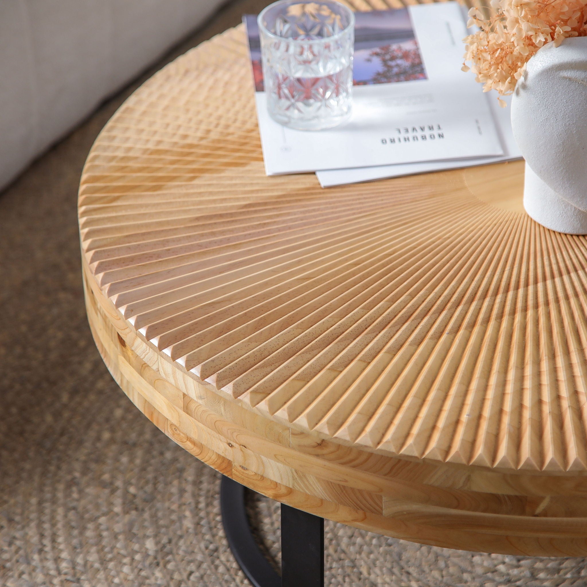 Modern Round Coffee Table With Wooden Carving Pattern