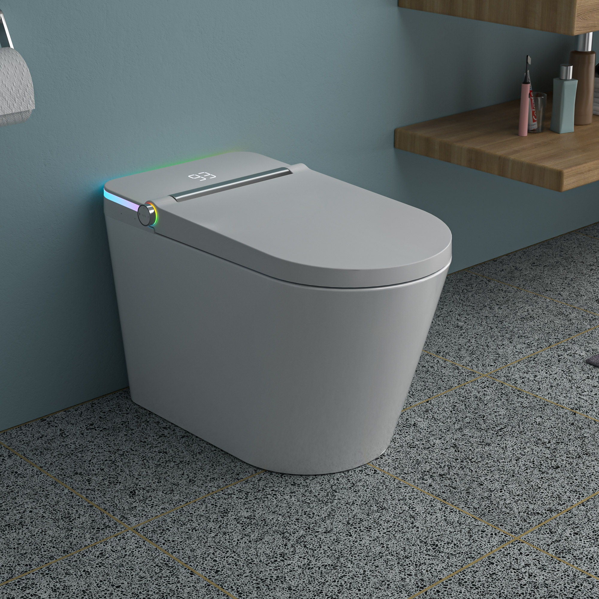 Smart Toilet With Bidet Built In, Auto Open & Close, Elongated Heated Seat, Foot Sensor Flush, LED Display, Warm Water Wash - White