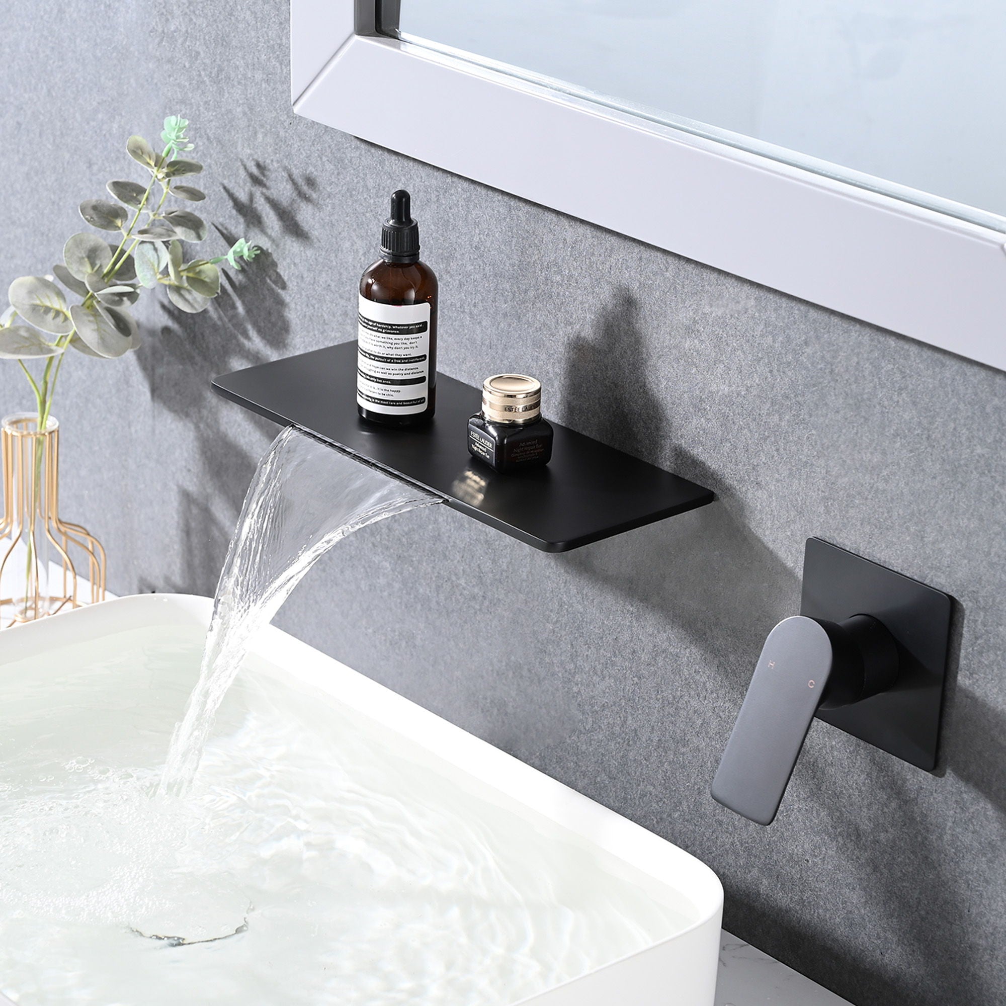 Modern Stainless Steel Waterfall Bathroom Sink Faucet With Single Handle Wall Mount - Matte Black