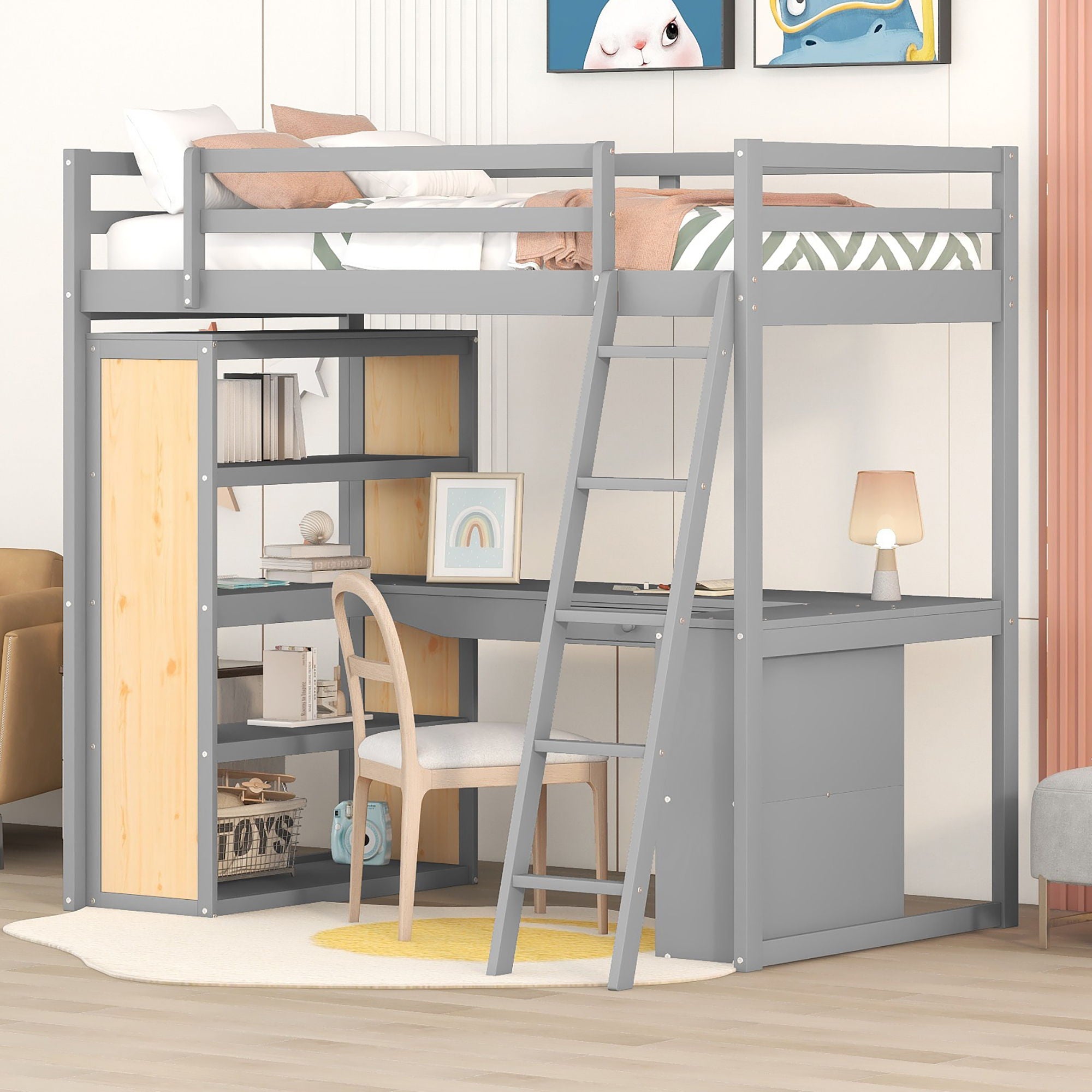 Loft Bed With Ladder, Shelves, And Desk