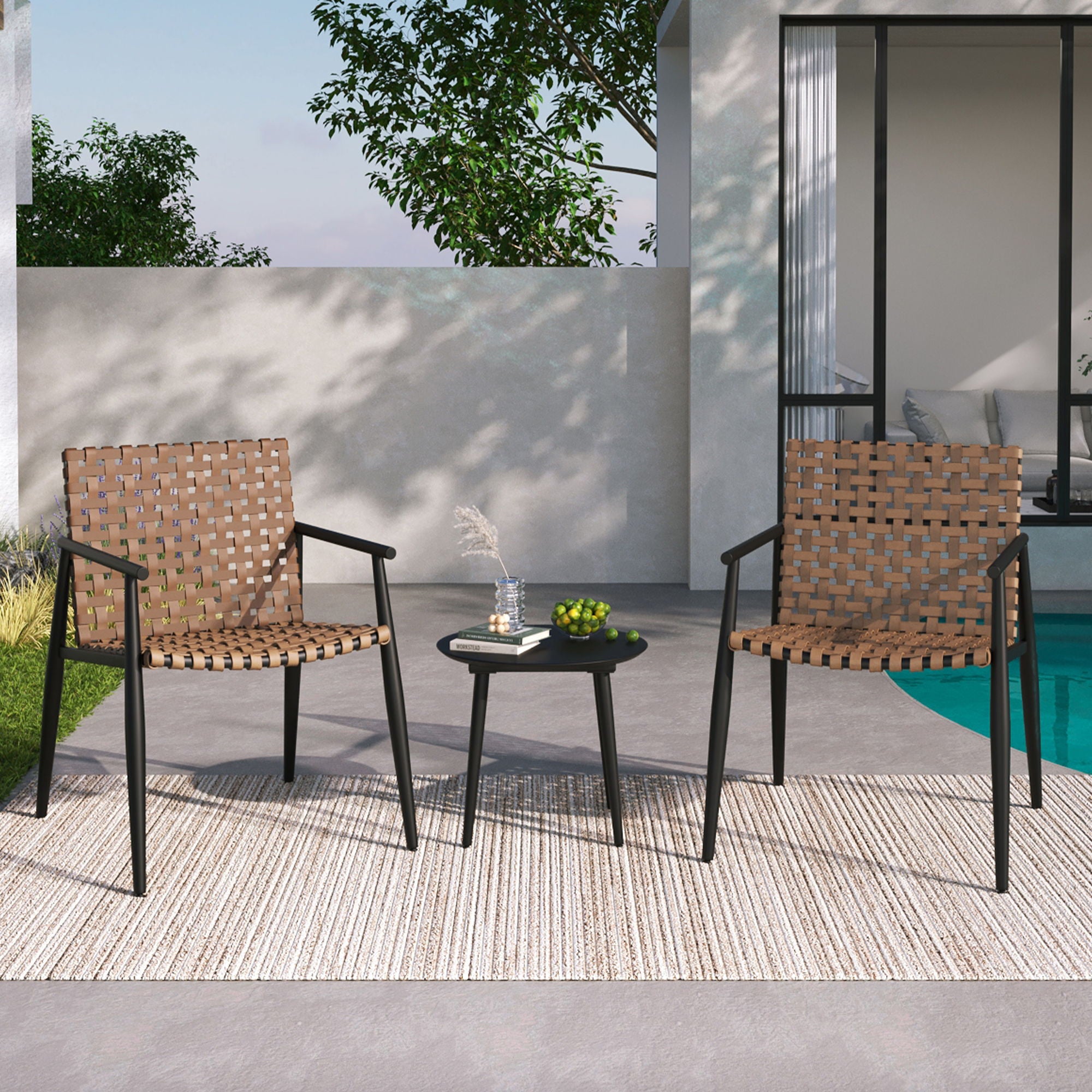 Outdoor Chat Set, 2 Chairs & Side Table - Black / Brown
