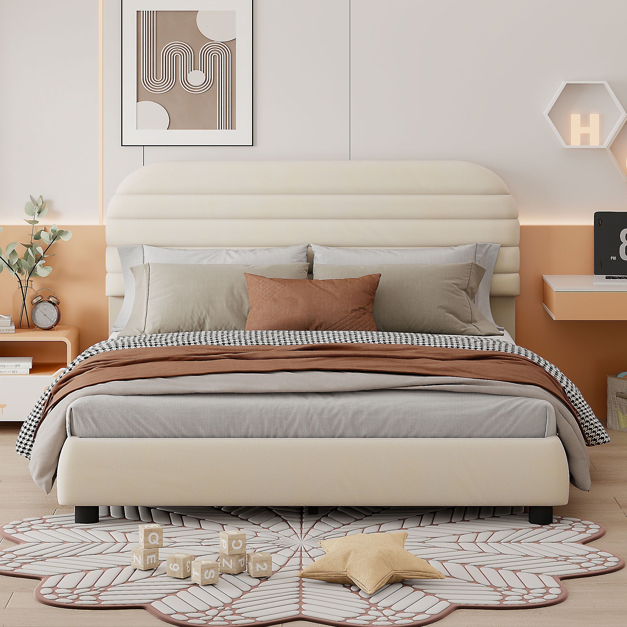 Upholstered Platform Bed Frame And Stylish Curve Shaped Design