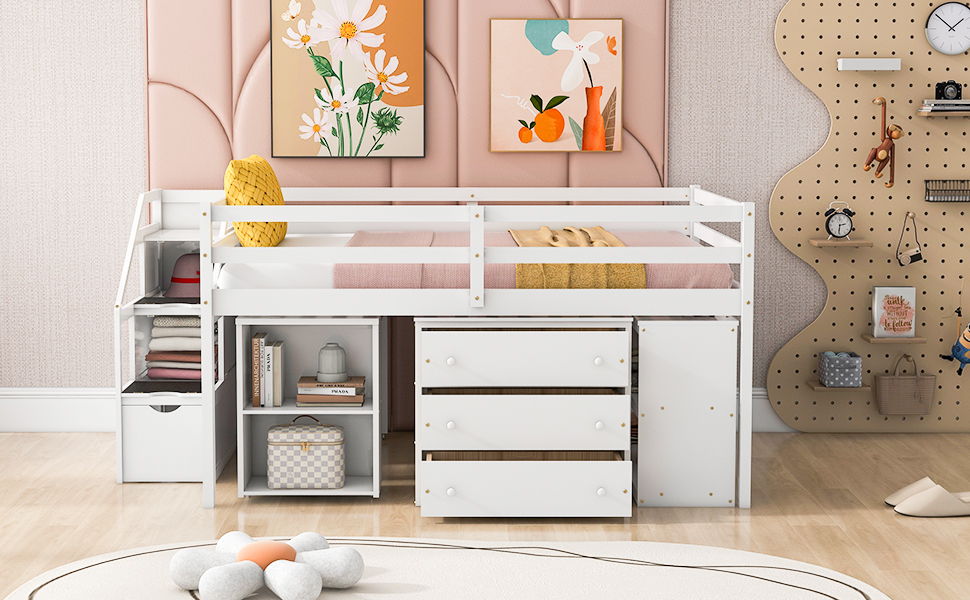 Loft Bed With Retractable Writing Desk And 3 Drawers With Storage Stairs And Shelves