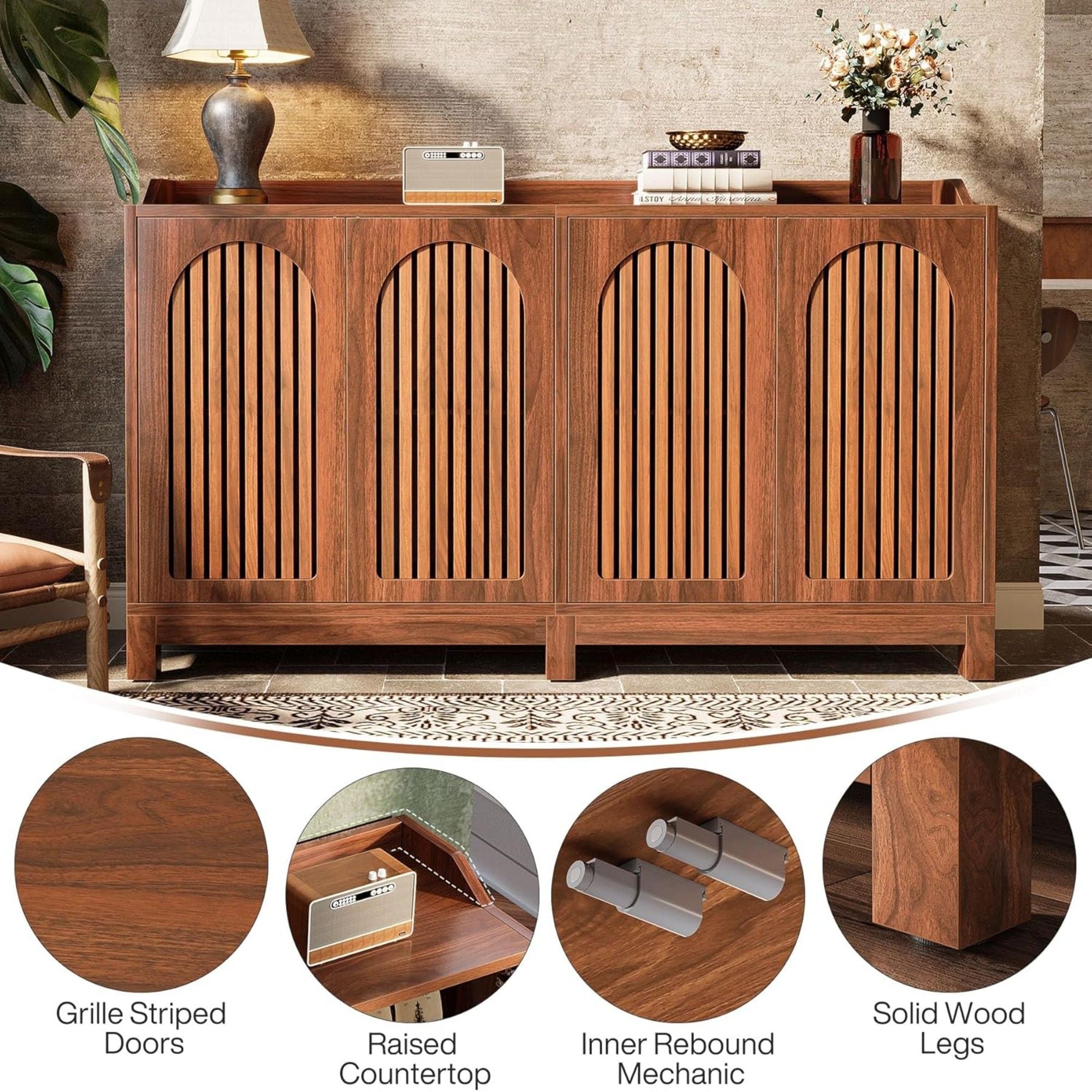 Sideboard Buffet Cabinet With 4 Doors & Shelves, Credenza Table For Dining Room - Brown