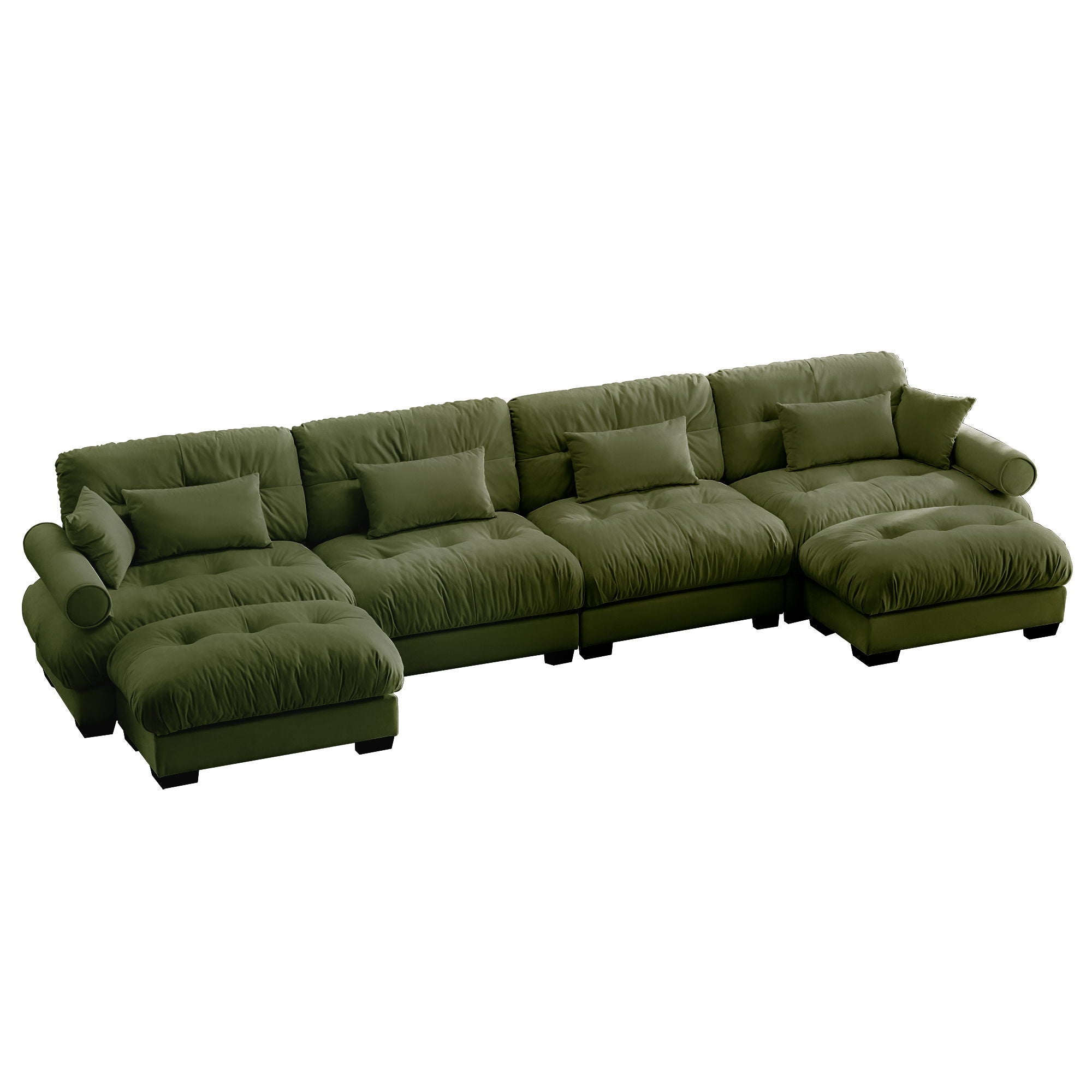 Modern Sectional Sofa With Ottoman, Round Bolster Armrests, Waist And Throw Pillows