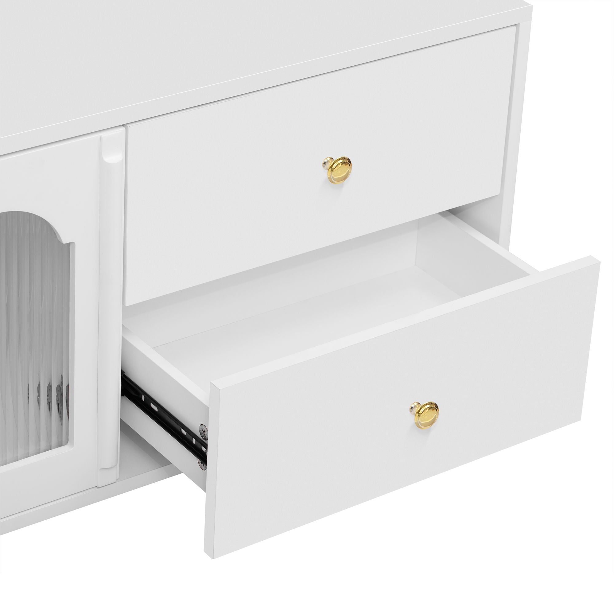Modern TV Stand With Glass Door, 4 Drawers And 2 Cabinets