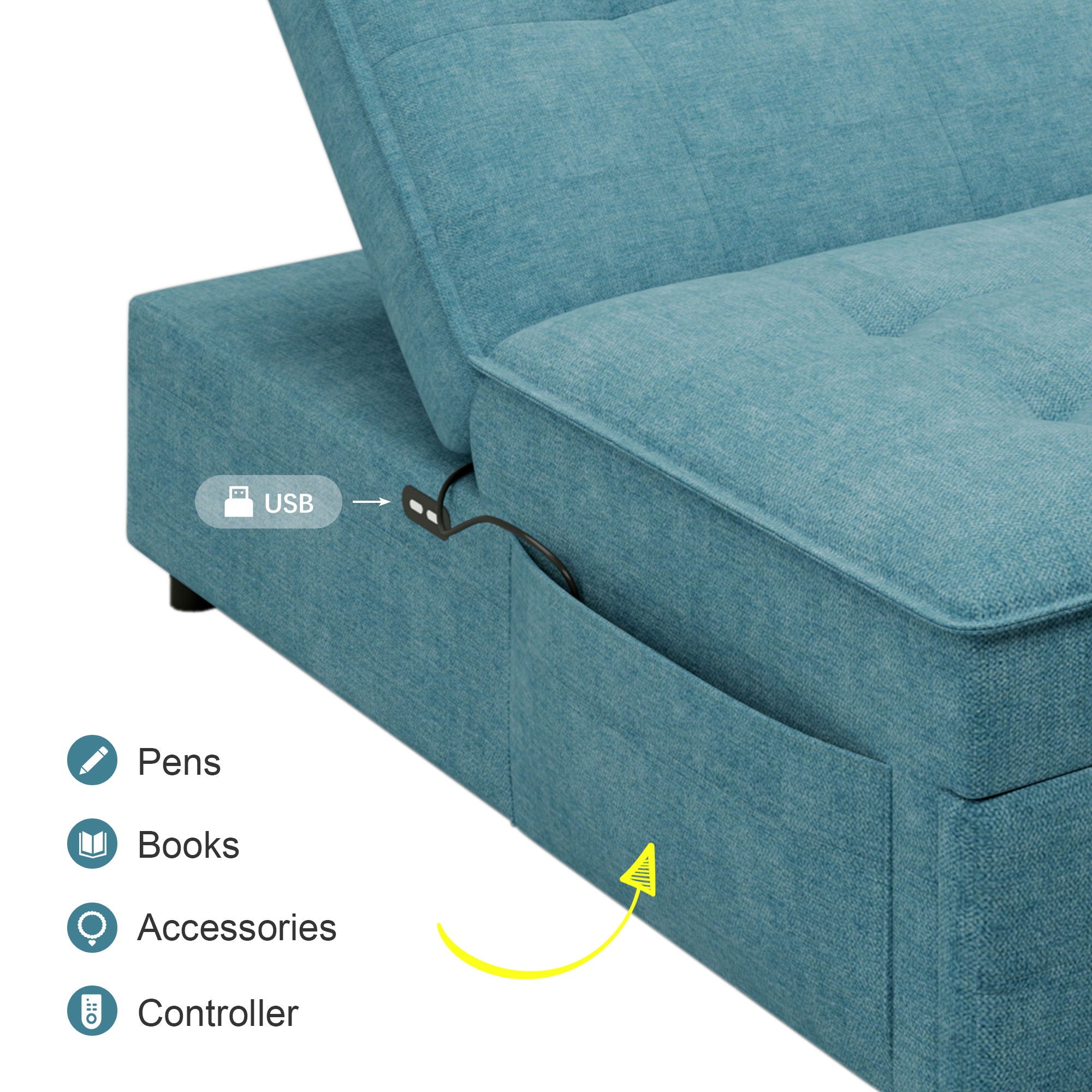 4 In 1 Sofa Bed, Multi Function Folding Ottoman Bed With Storage Pocket And USB Port For Small Room Apartment