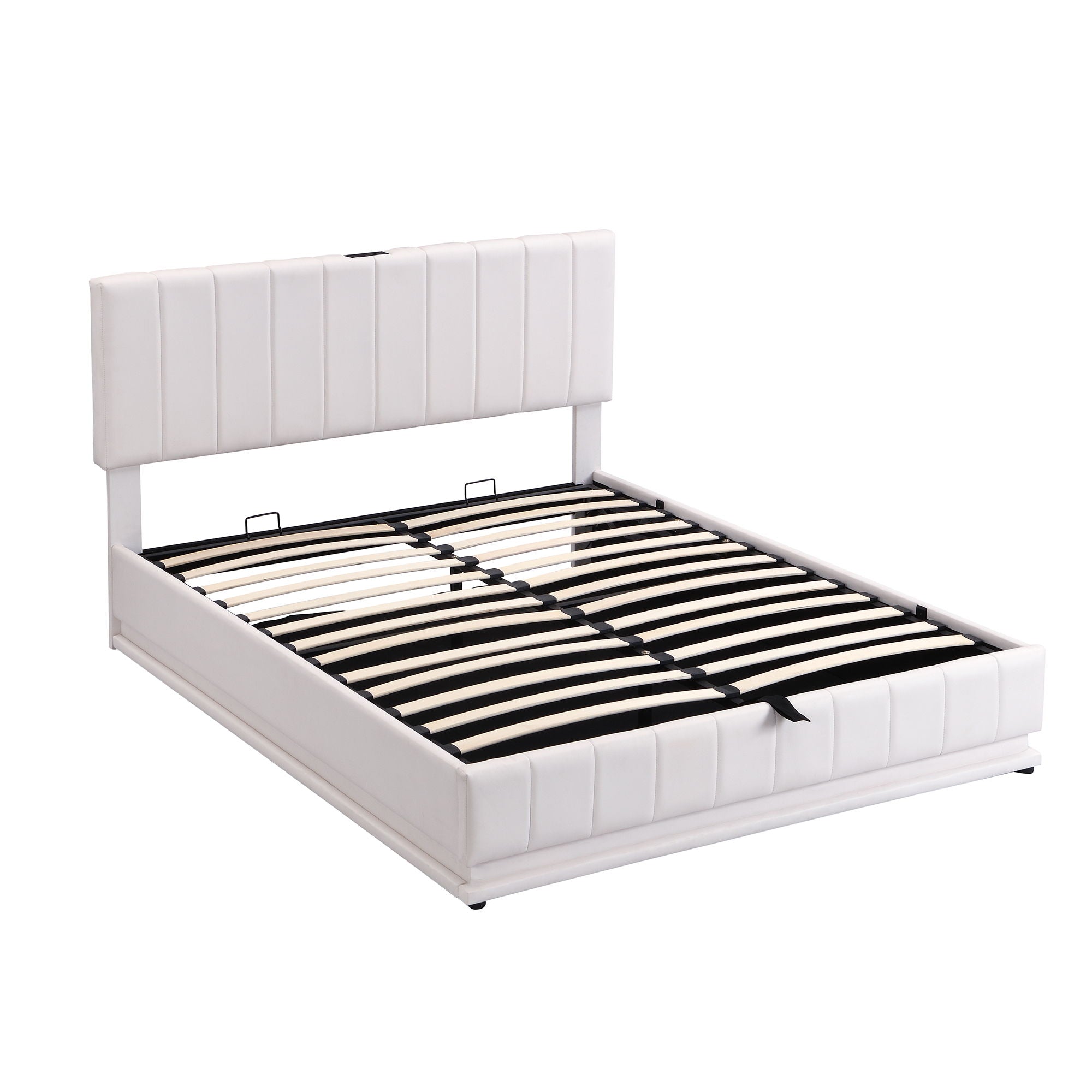 Upholstered Bed With Hydraulic Storage System And LED Light, With Sockets And USB Ports