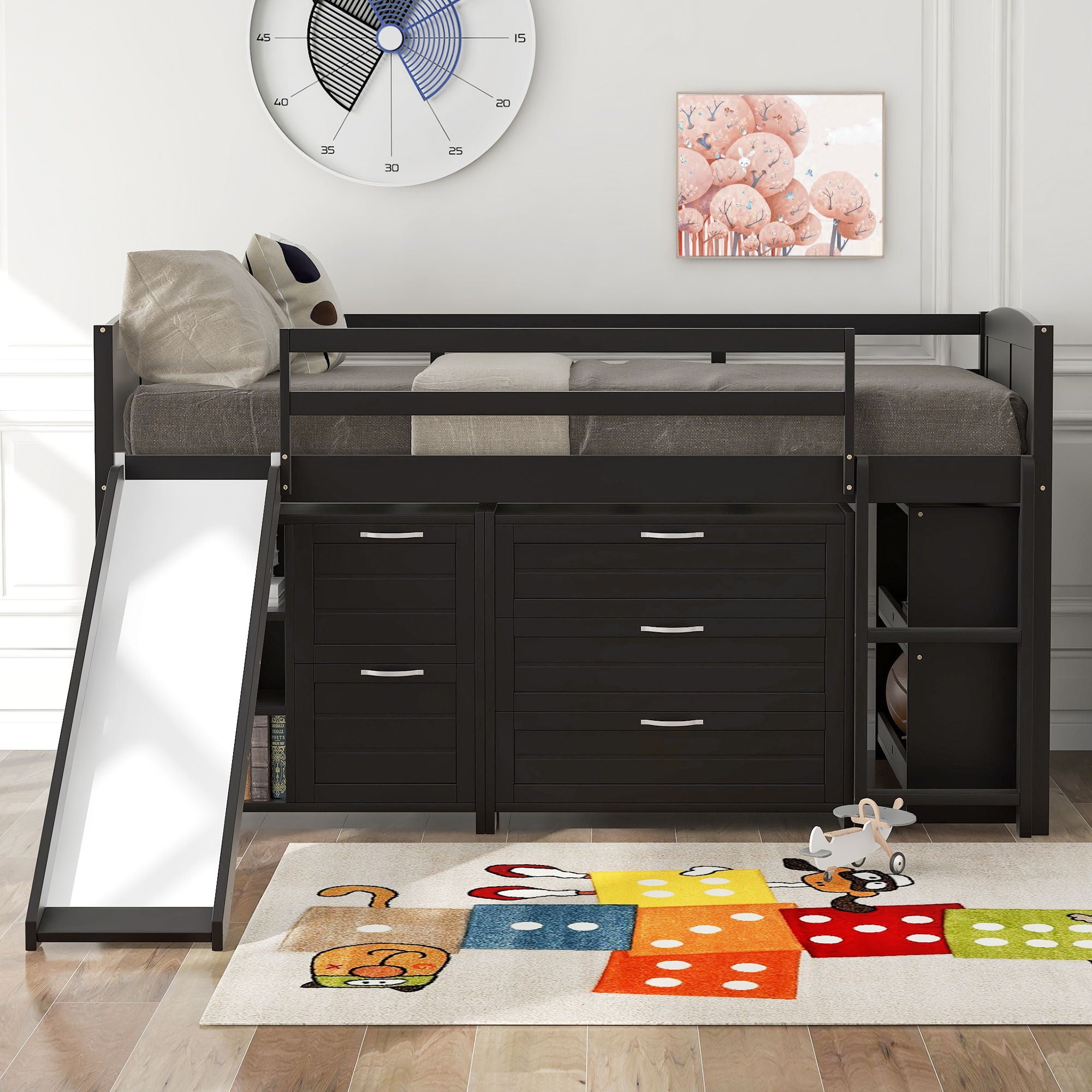 Loft Low Bed With Cabinets, Shelves And Slide