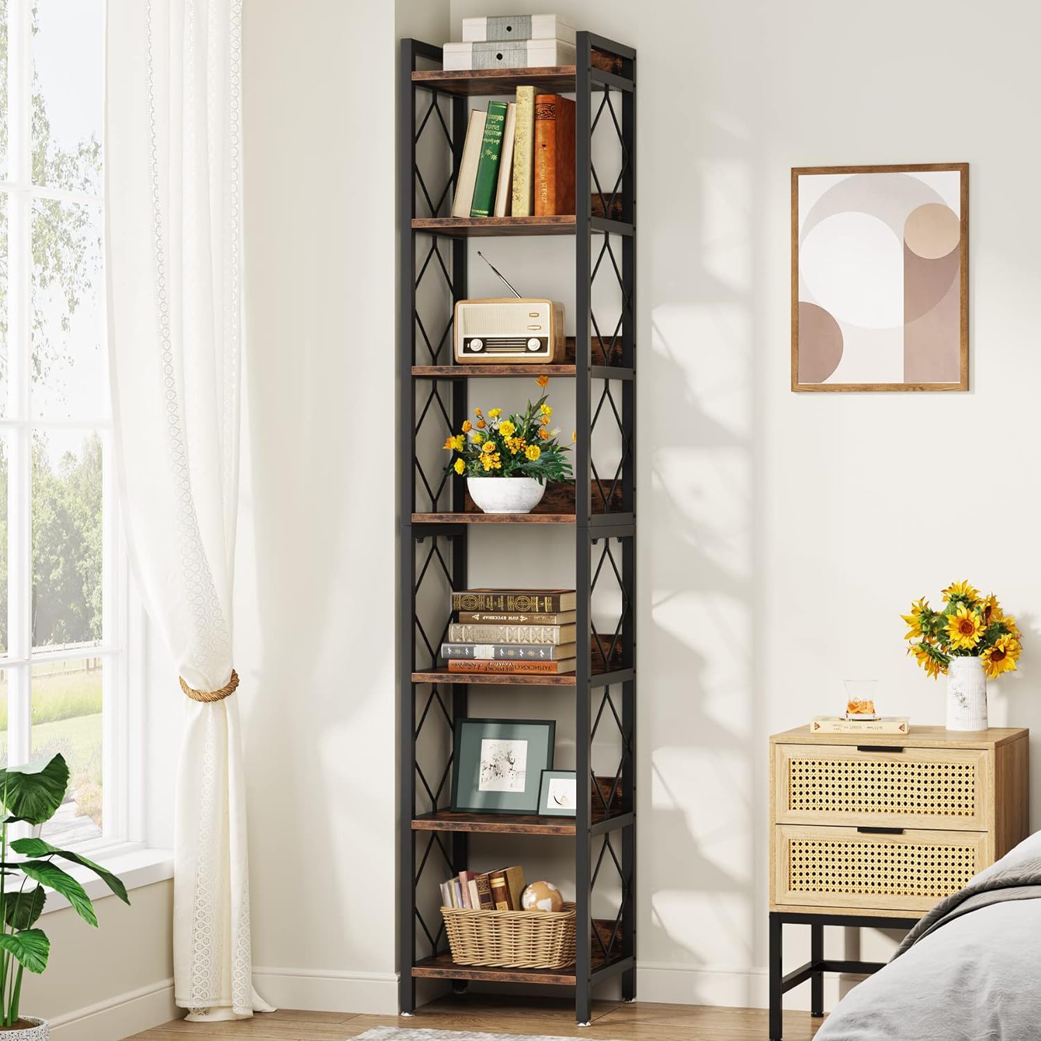 Extra Tall 7 Tier Narrow Corner Bookshelf Storage Display Rack For Living Room - Rustic Brown