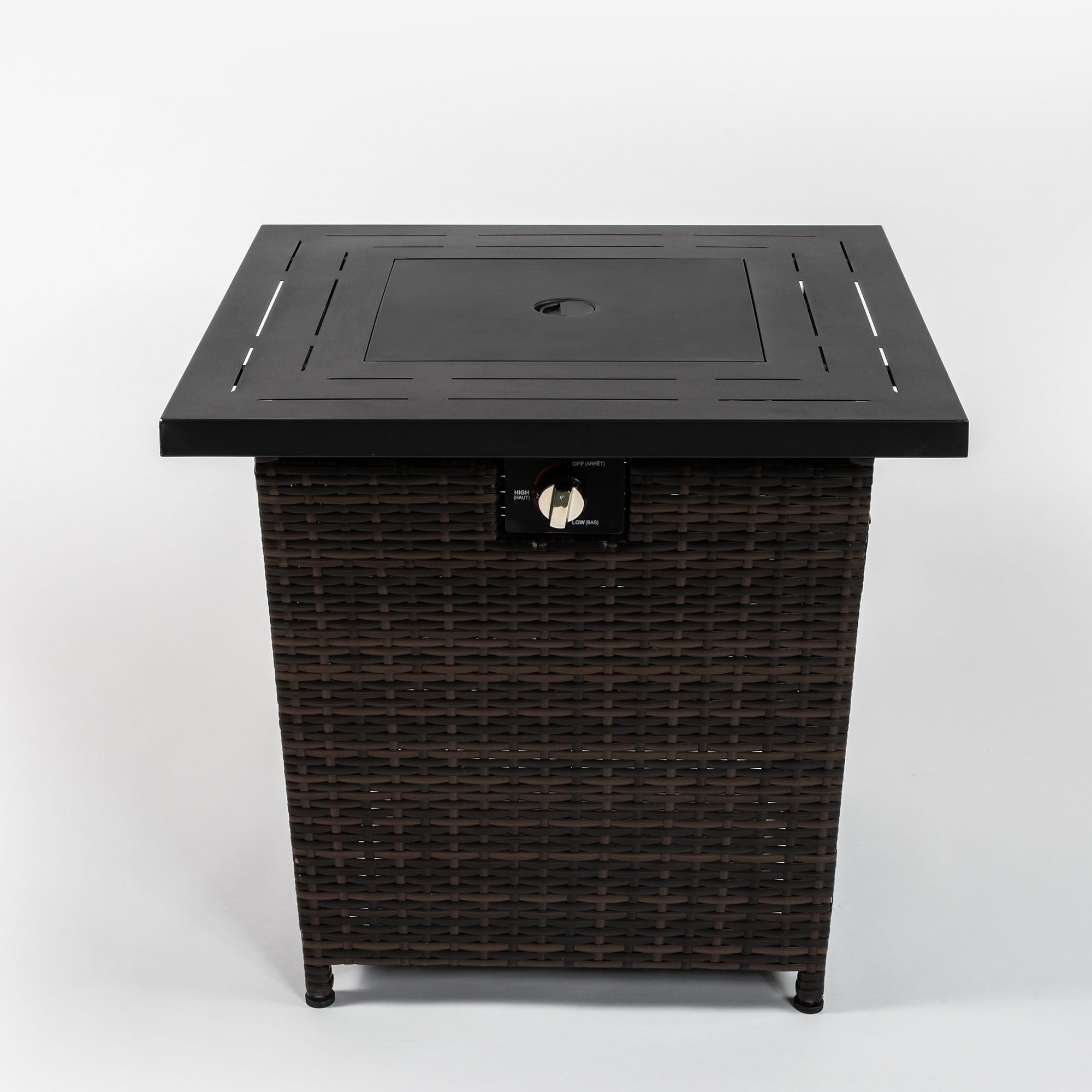 28-Inch Black Wicker Outdoor Propane Gas Fire Pit Table with Steel Top and 50,000 BTU Heat Output
