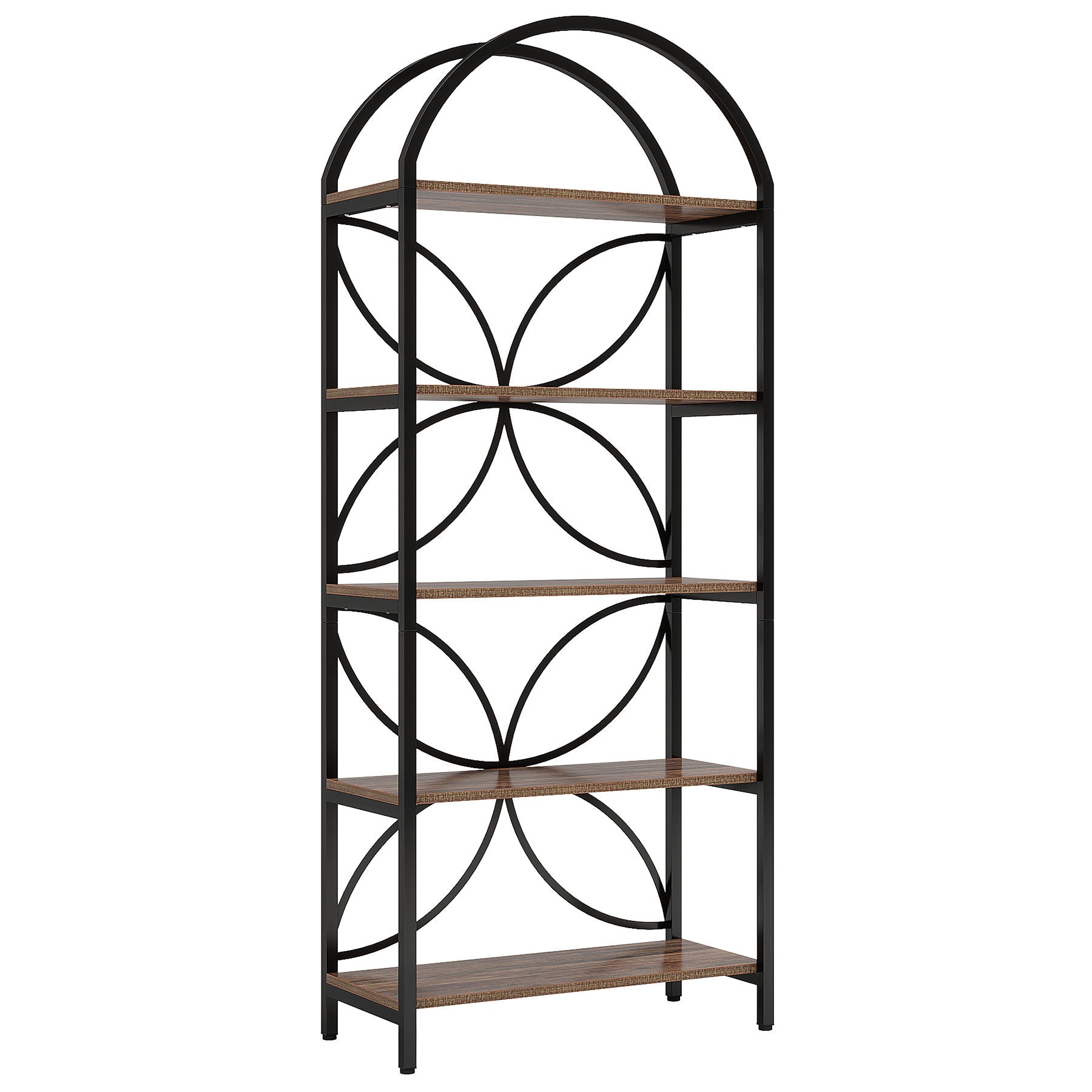 Tall 5 Tier Arched Bookshelf With Shelves For Living Room - Rustic Brown