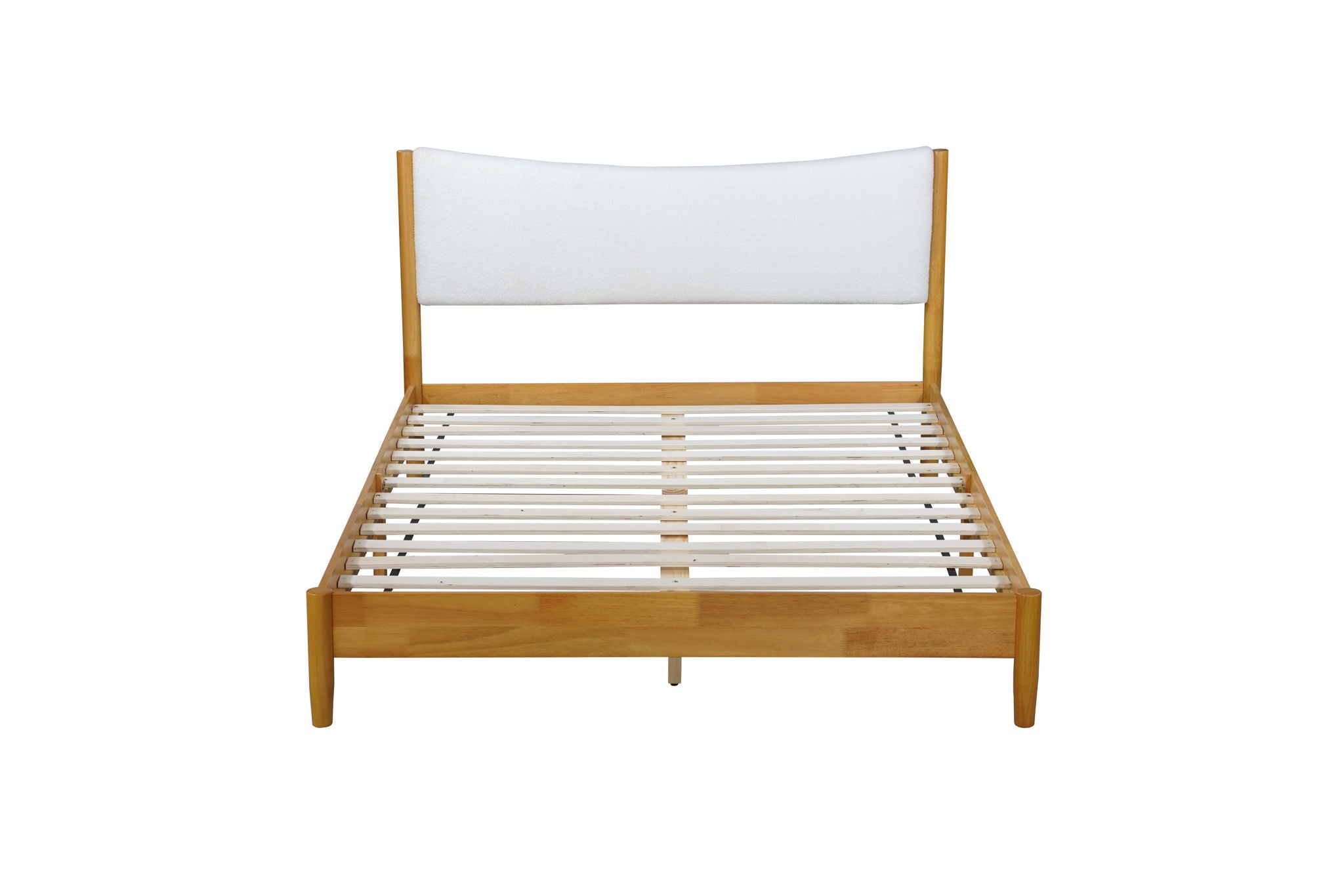Queen Size Rubber Wooden, Solid Wooden Bed With Teddy Velvet Cushion Upholstered Headboard, Enhanced By Support Feet - Natural