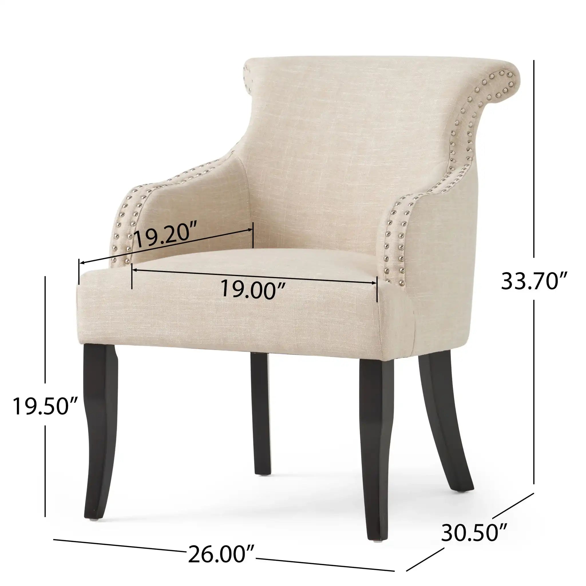 Upholstered Armchair With Rolled Back, Tapered Legs And Nailhead Trim - Light Beige