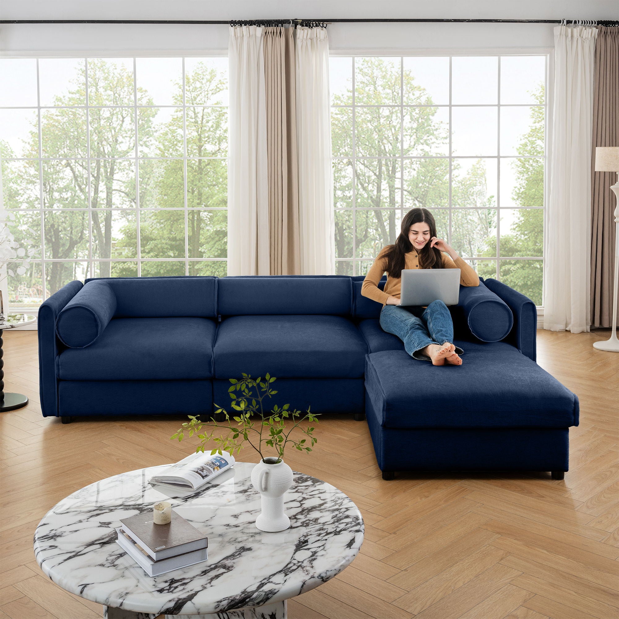 Contemporary Elegant White Chenille Sofa With Storage And Ottoman