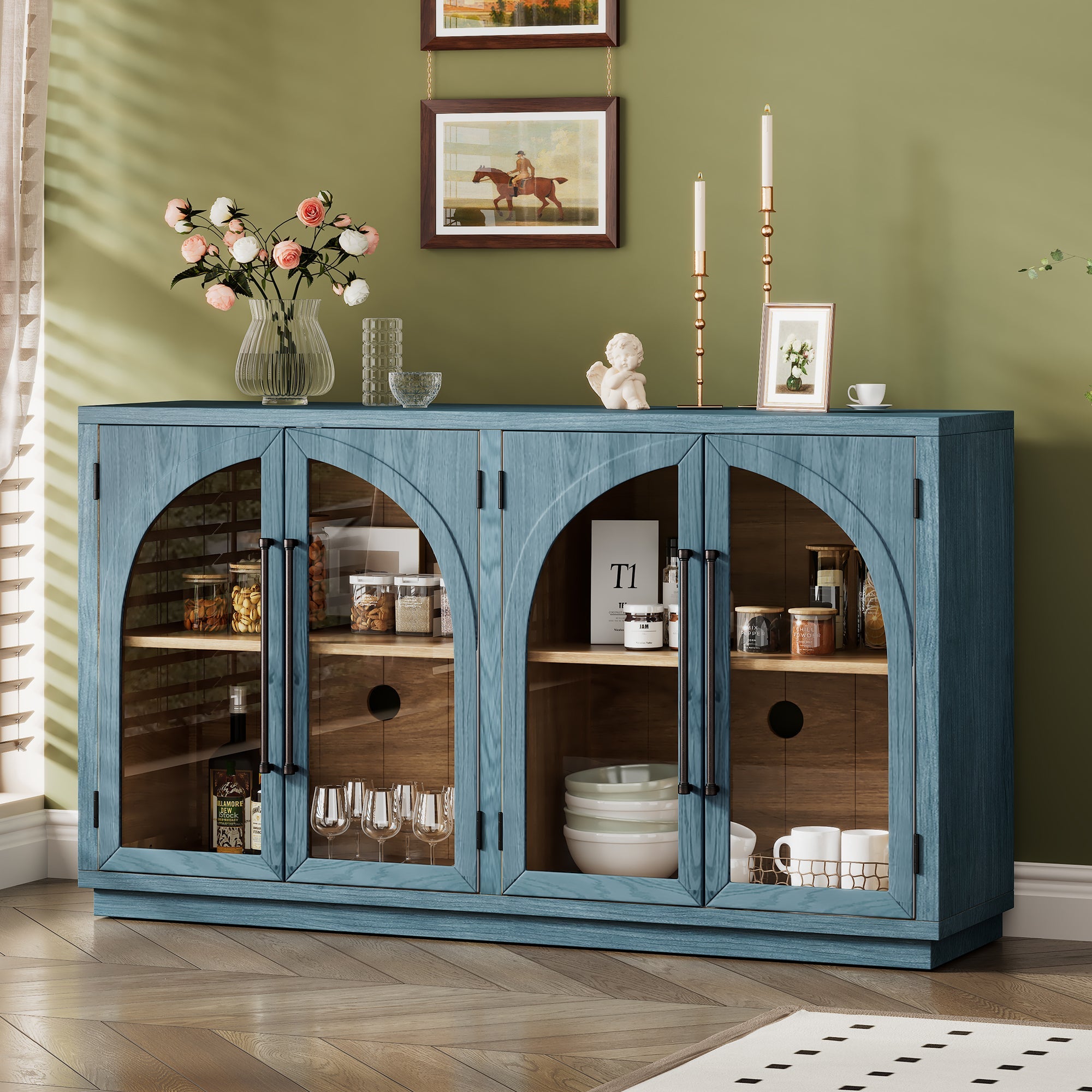 4-Door Large Storage Sideboard Buffet Cabinet with Glass Doors (Navy)