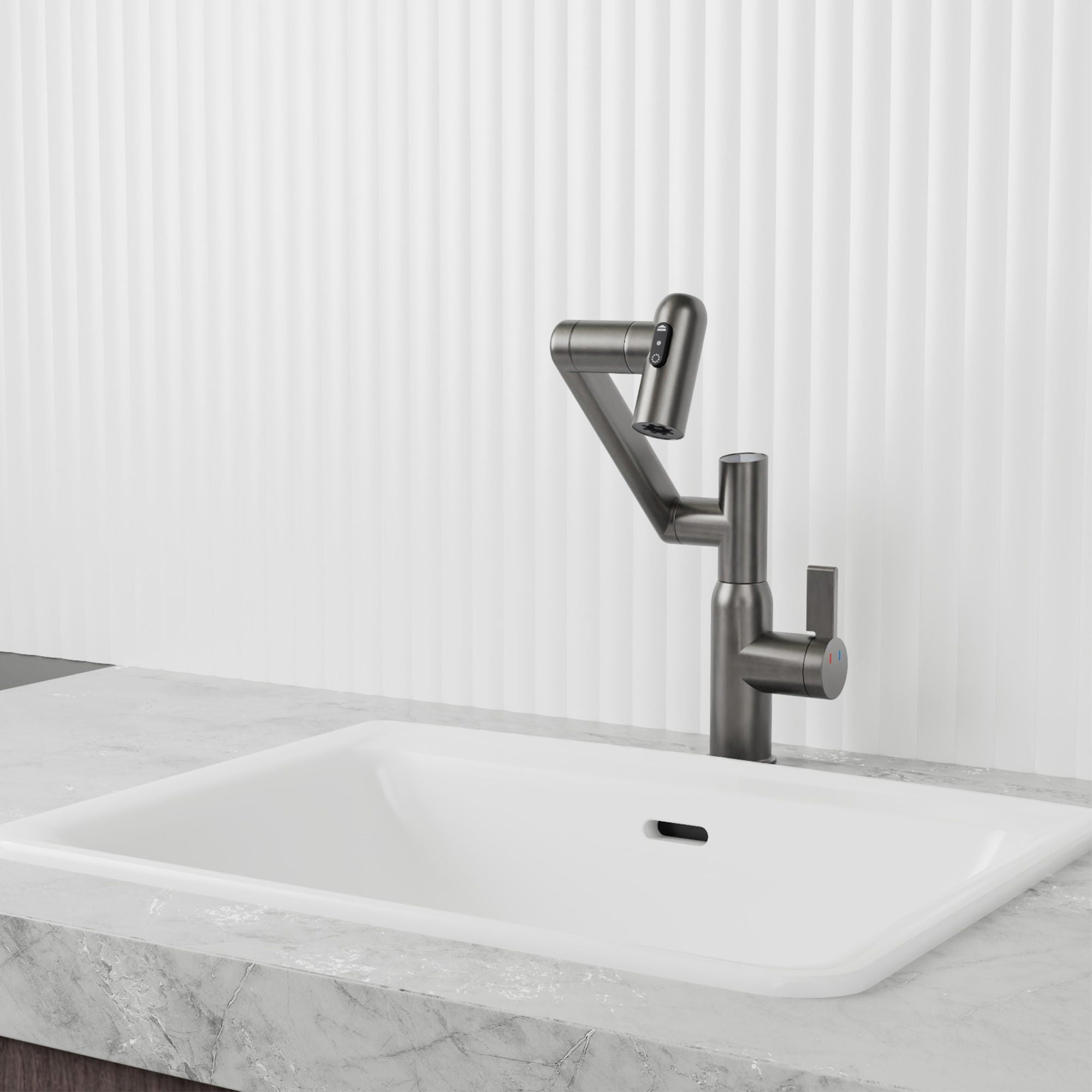 Bathroom Sink Faucet With Spray Function, Temperature Display, Anti Skid Switch, Hot & Cold, 360 Degree Rotary, Brass - Gun Gray