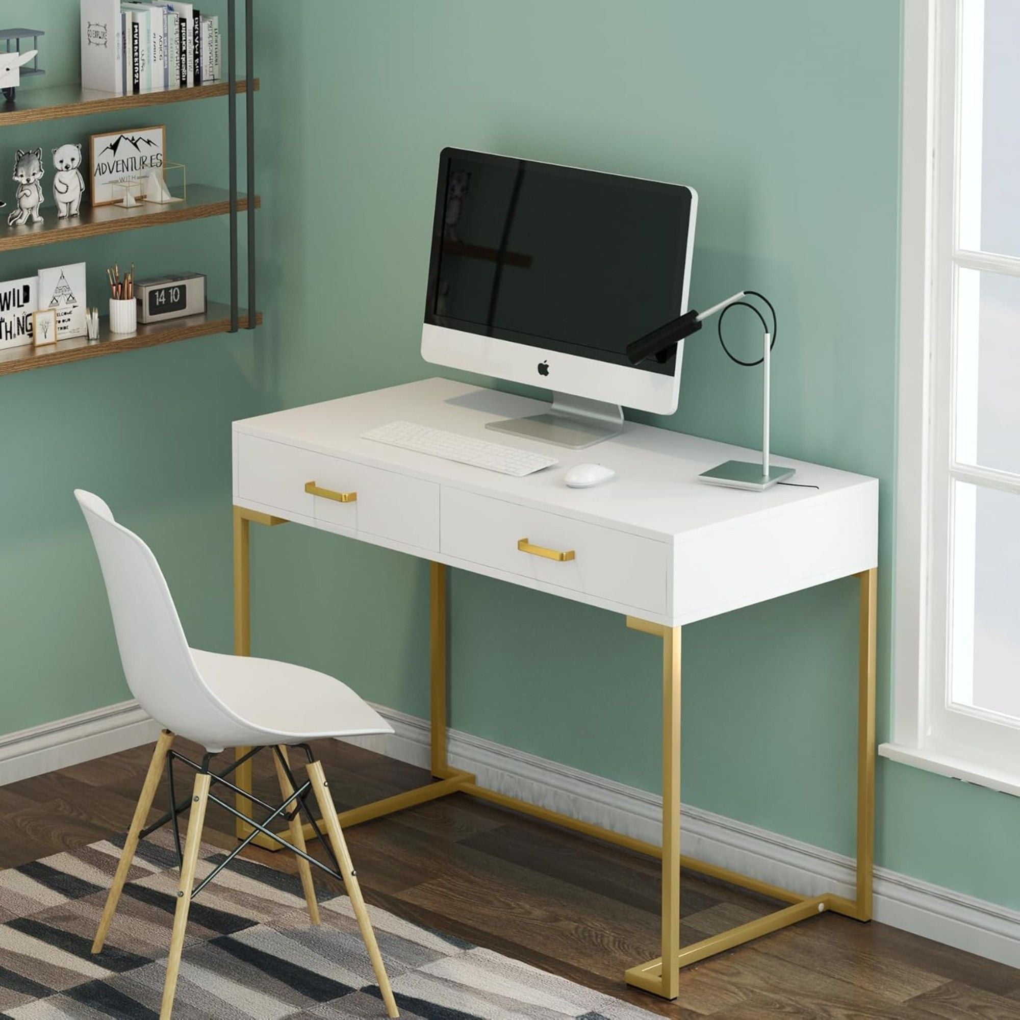 Minimalist Home Office Computer Desk With 2 Drawers, Compact Writing Table For Small Spaces - White / Gold