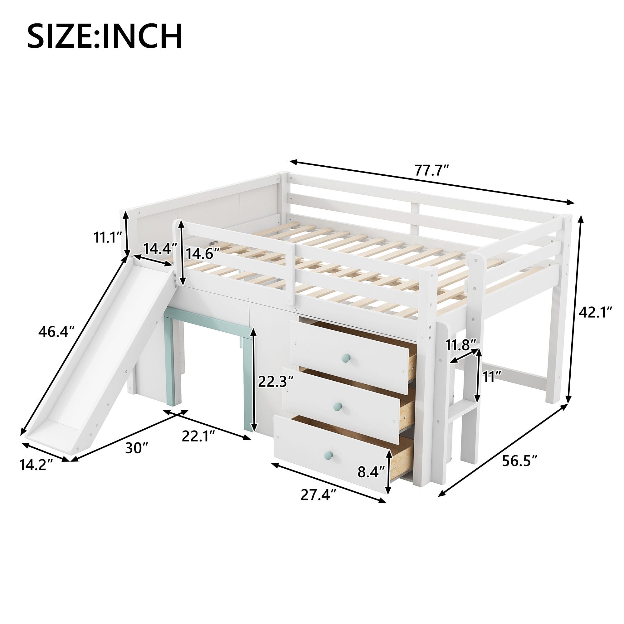 Modern Low Loft Bed With Slide, 3 Storage Drawers, And 2 Doors