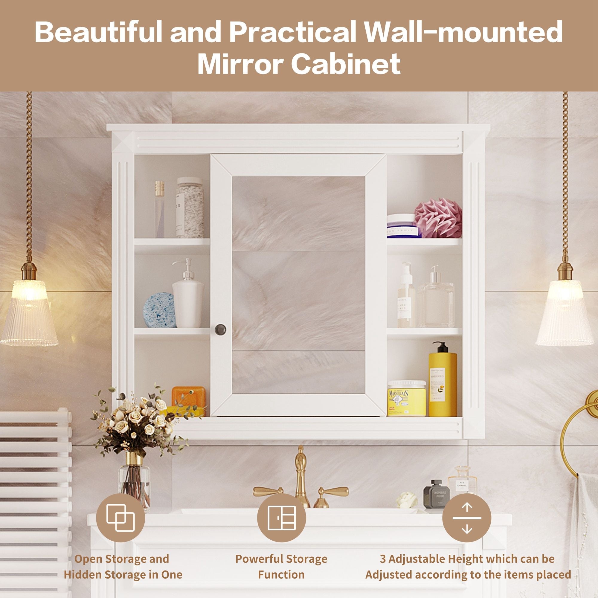 Wall Mounted Bathroom Storage Cabinet With Mirror, 6 Open Shelves