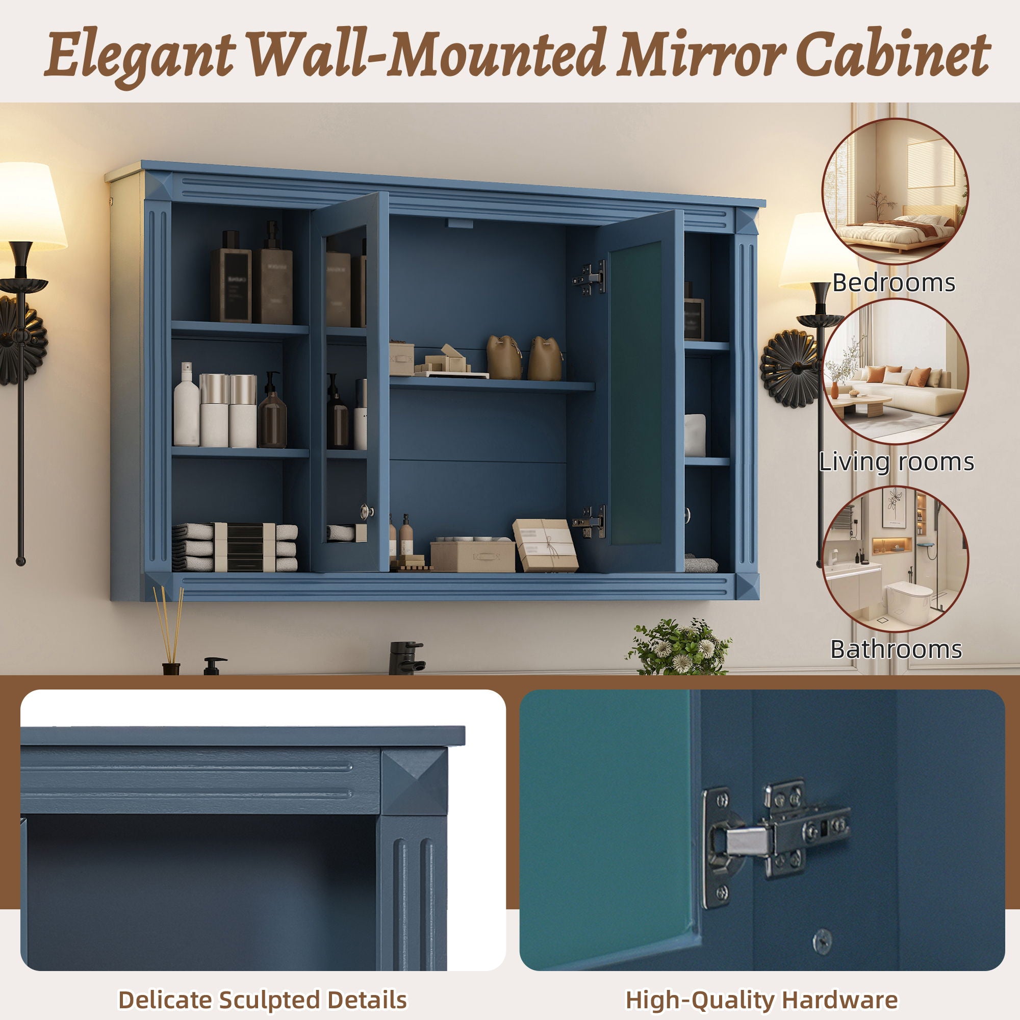 Wall-Mounted Mirror Cabinet With Adjustable Shelf And Open Shelves