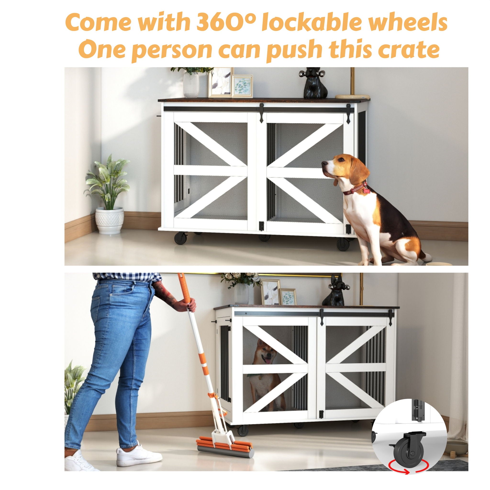 Mobile Dog Crate With Flip Top Feeding Door, Dual Access & 5 Caster System (2 Locking) - Brown White