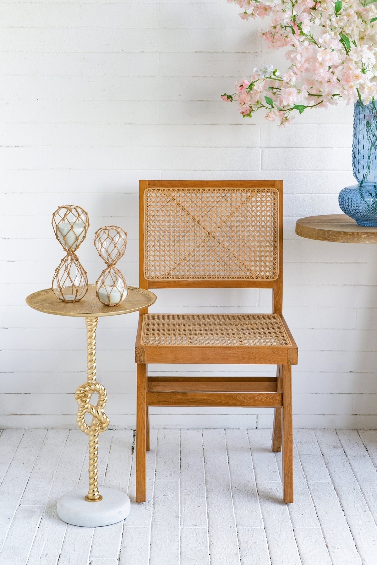 13.8x13.8x24 Gold Side Table with Rope Knot Design and White Marble Base