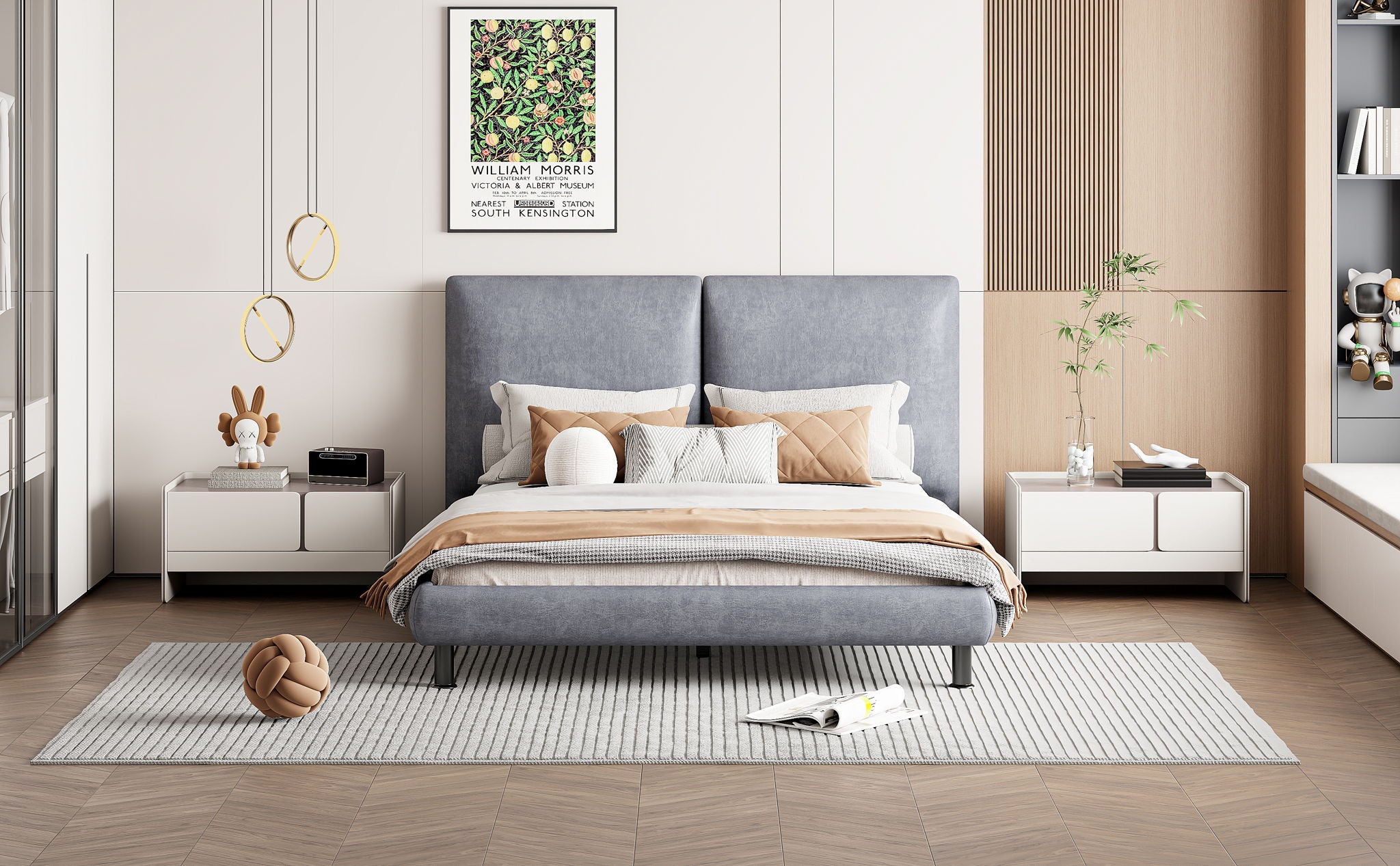 Upholstered Platform Bed With 2 Large Headrests And Thick