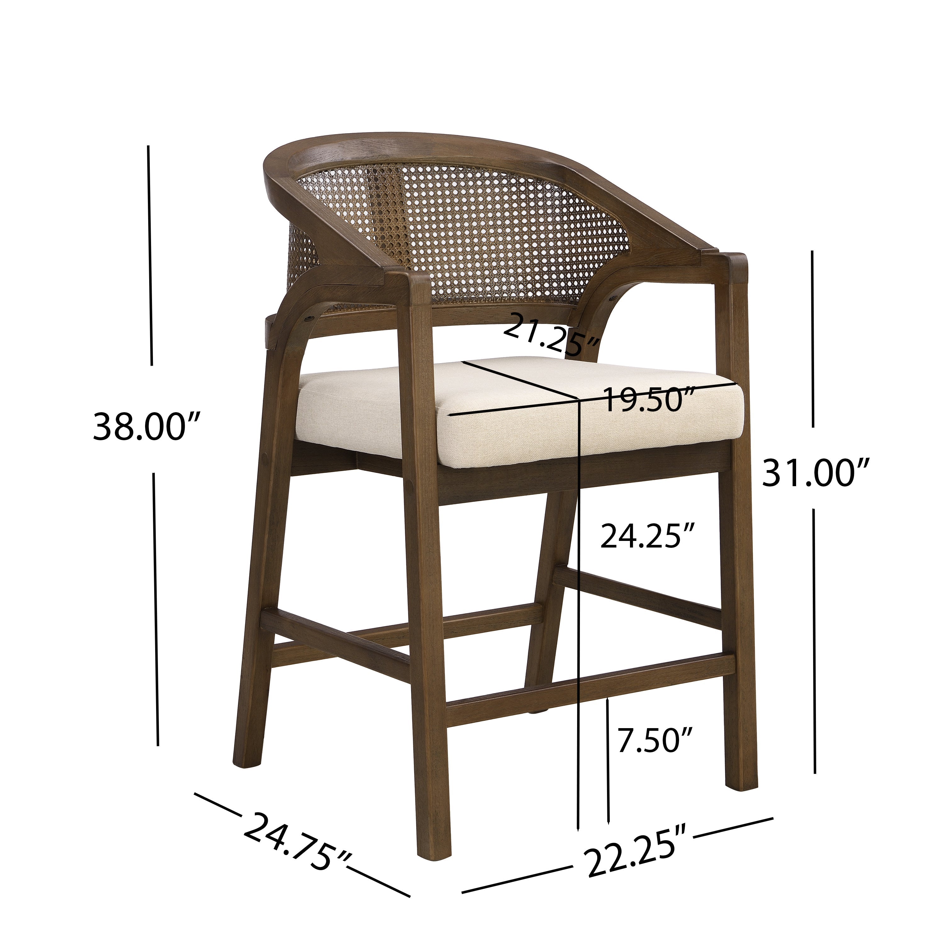 Wooden Frame Counter Stool with Rattan Back - Set of 2