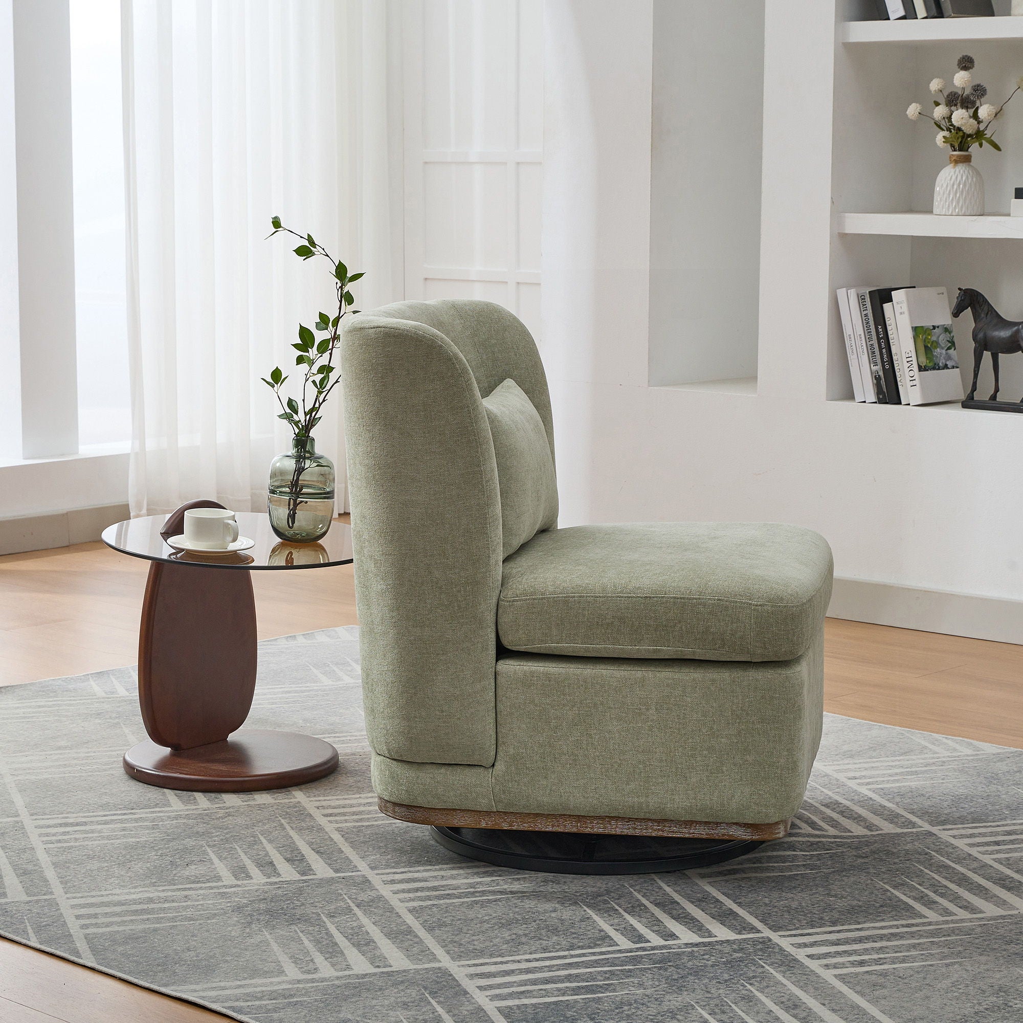 Wide Modern Chenille Cushioned Armless Metal Base 360° Swivel Chair With Pillow