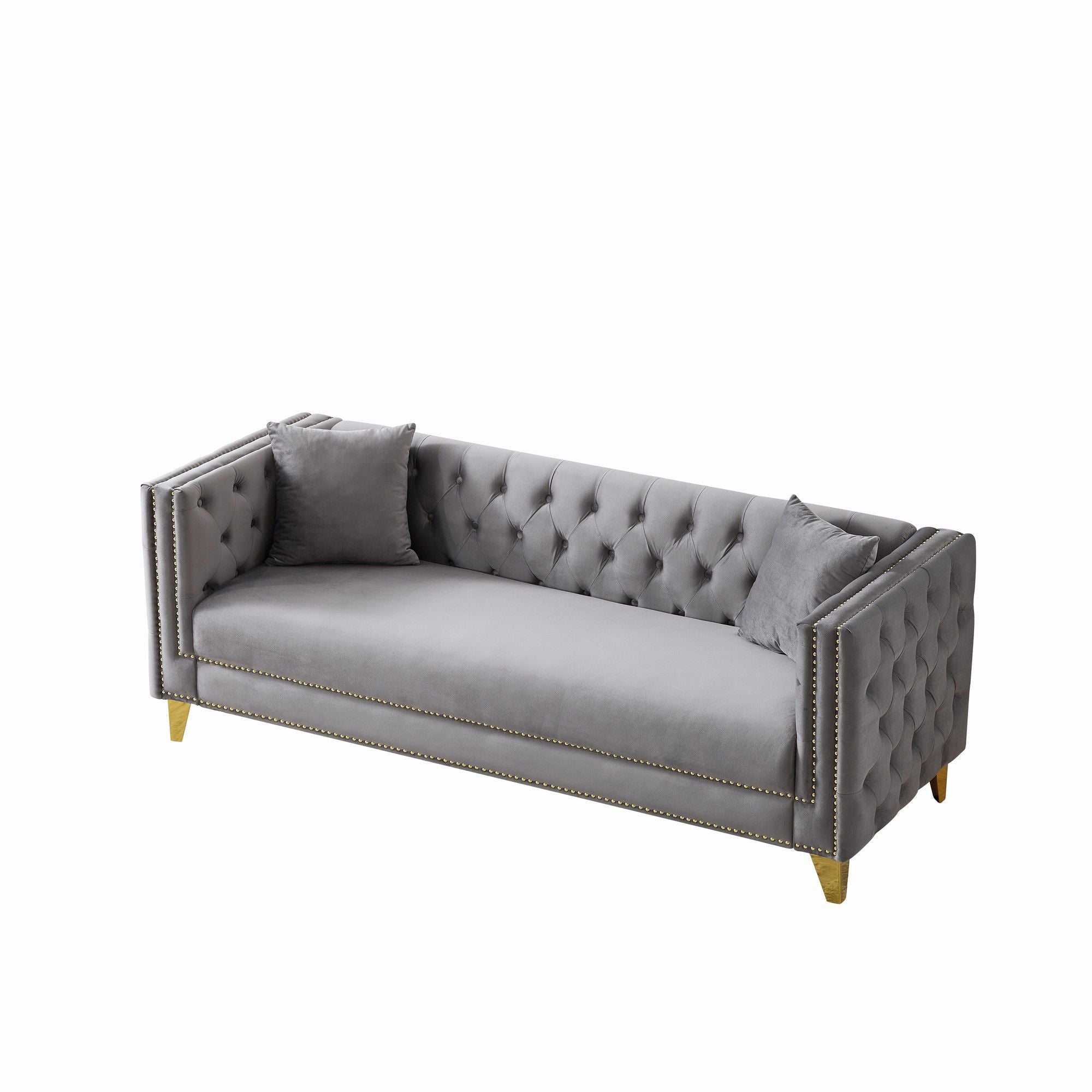 3 Seater Deep Seat Sofa, Sofa With Button Nailhead, Square Arm Couches, Furniture For Living Room - Gray