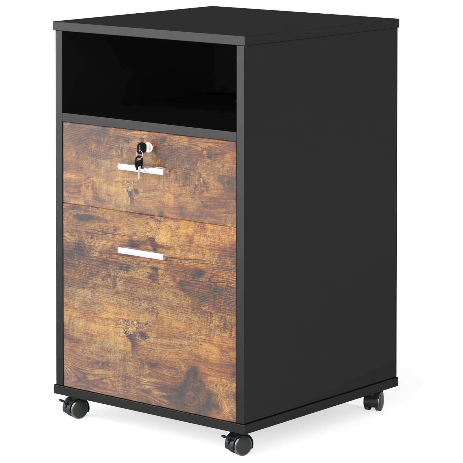 2 Drawer Mobile File Cabinet With Lock, Rolling Printer Stand For Letter Size Files - Black / Brown