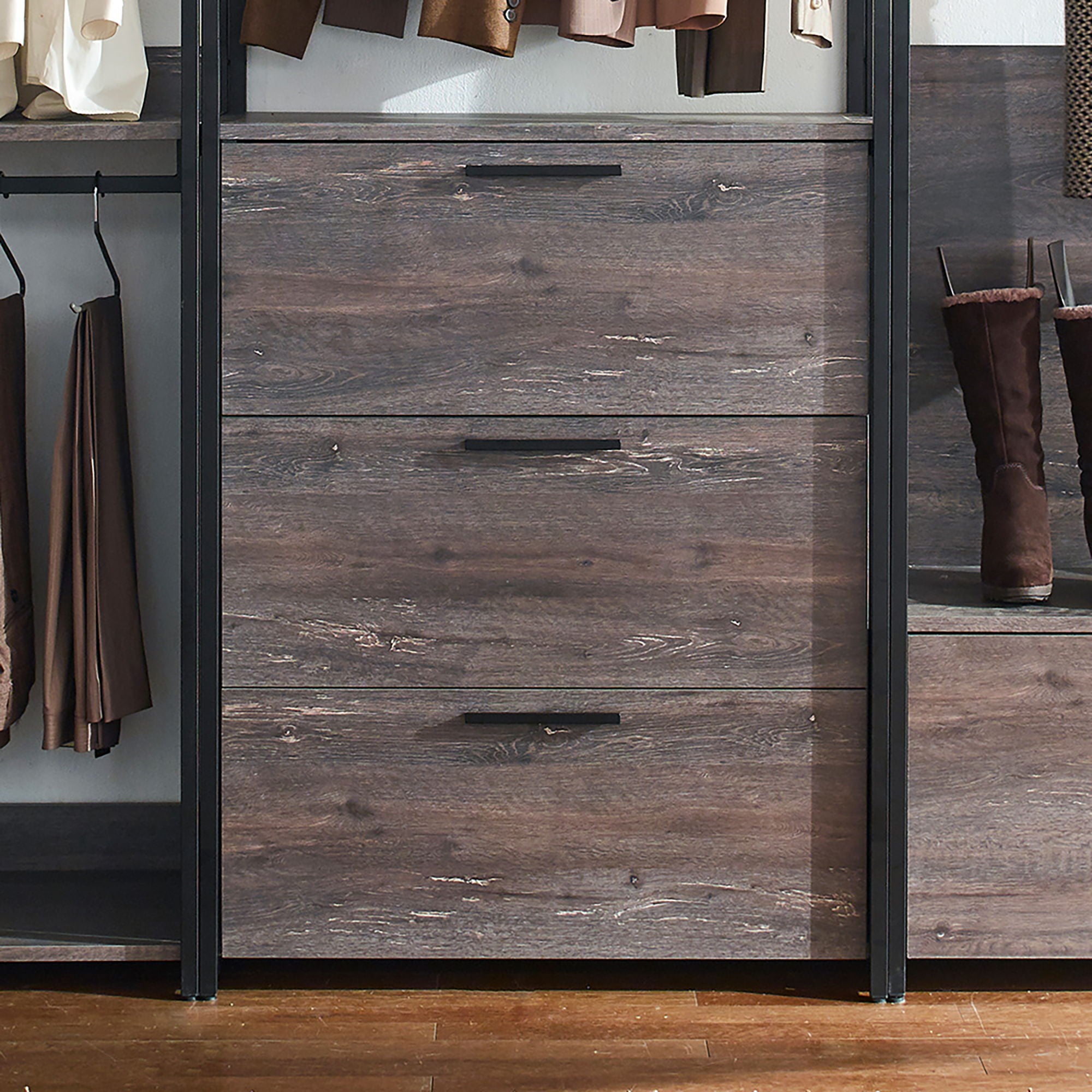 Monica - Wood Walk In Closet System With Powder Coated Metal Frame And Melamine - Rustic