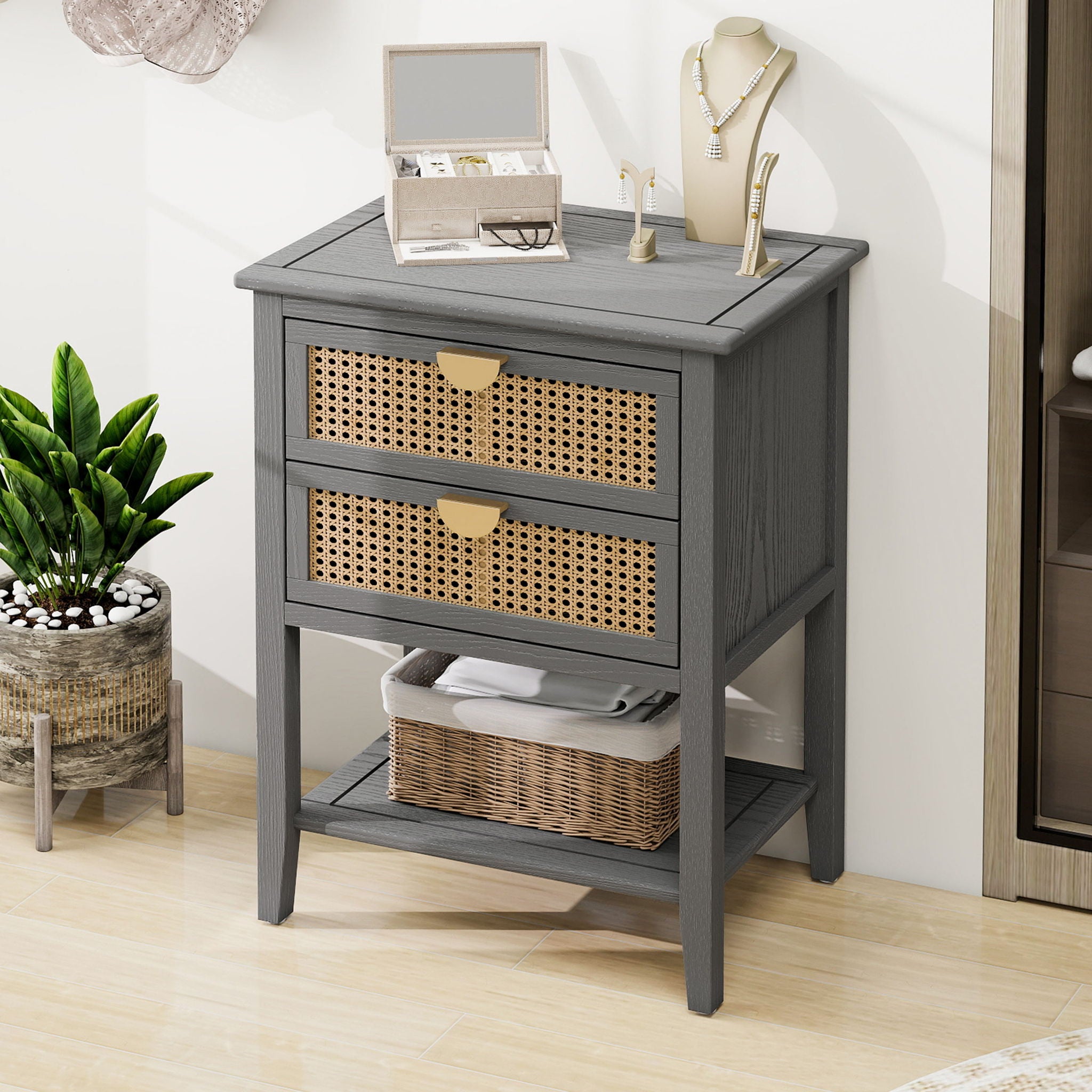2 Drawer Side Table, Natural Rattan