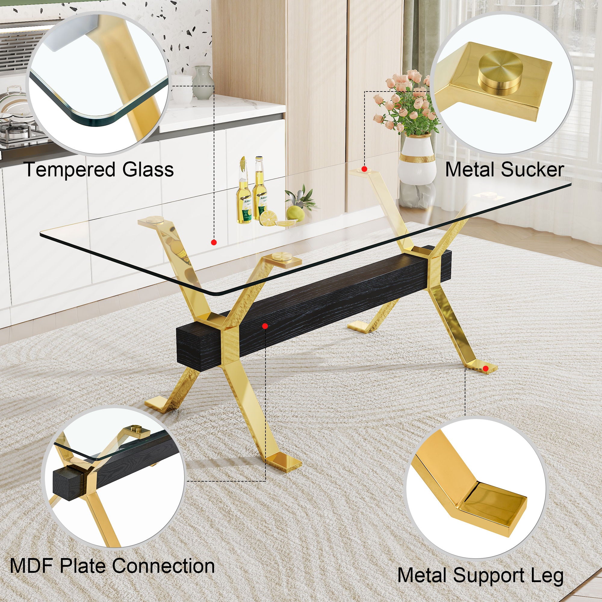 Modern Tempered Glass Dining Table With Metal Legs And Crossbars - Transparent