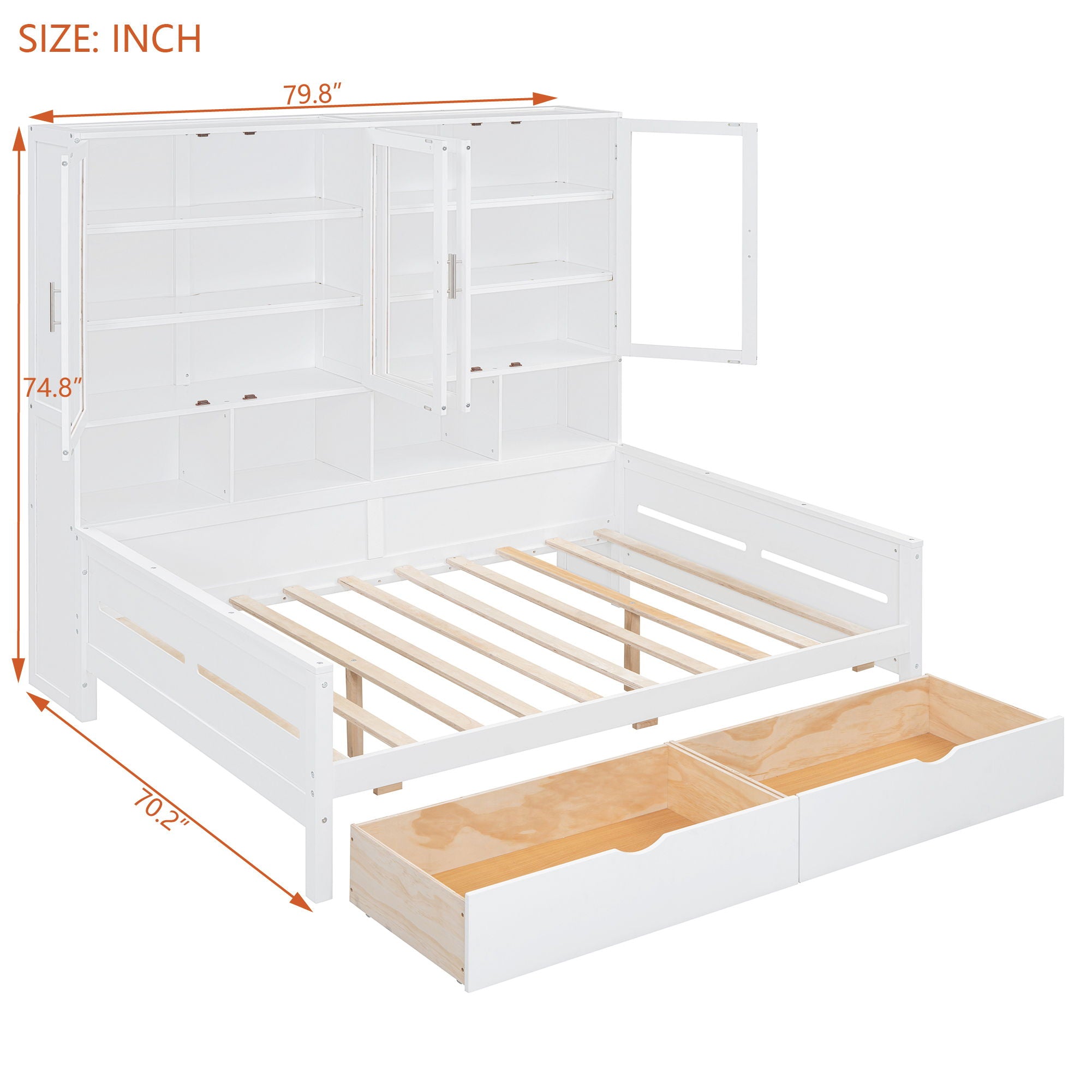 Daybed With Glass Door Storage Cabinets, Built In LED Lighting And Shelves