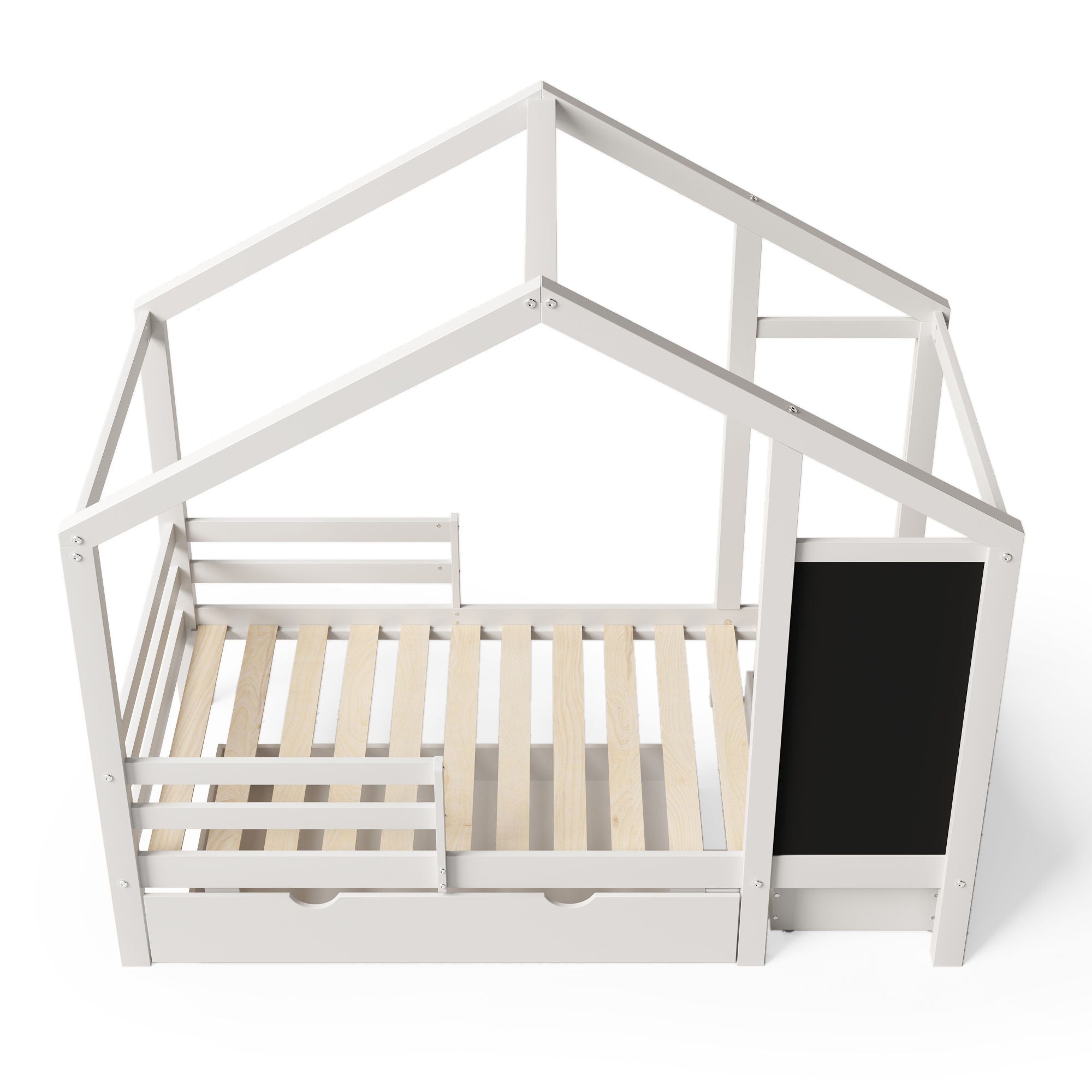 Twin House Bed With Blackboard And Drawers, 2 Assembly Options - White