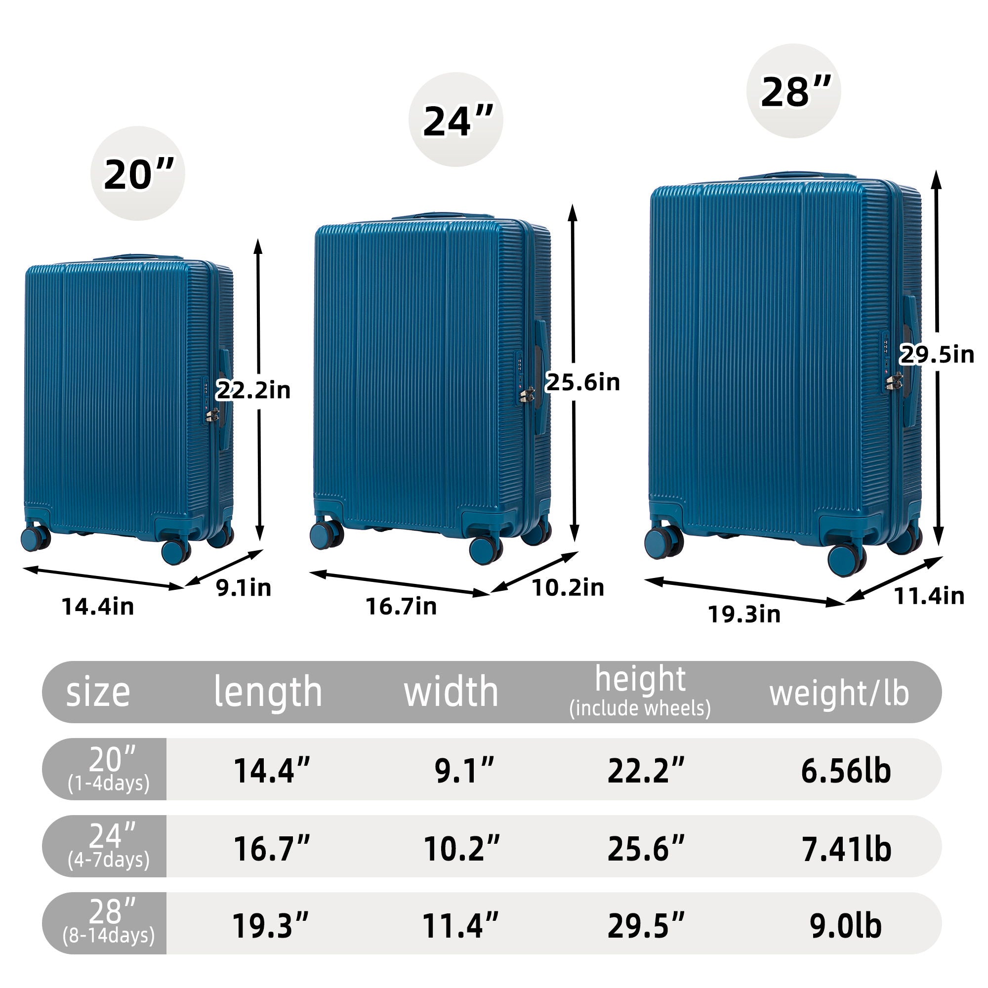 20" / 24" / 28" 3 Pieces / Set Spinner Wheel Luggage, Carry On Suitcase, Matching Color, TSA Combination Lock