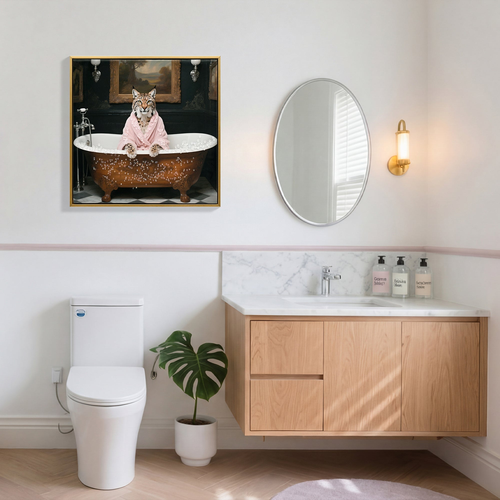Tiger in Bathtub Wall Art Print Poster, Bathroom Decor Posters Prints for Restroom Home Picture Painting Artwork Gallery 1 (Tiger, 16 x 16 inches, Wood Frame)