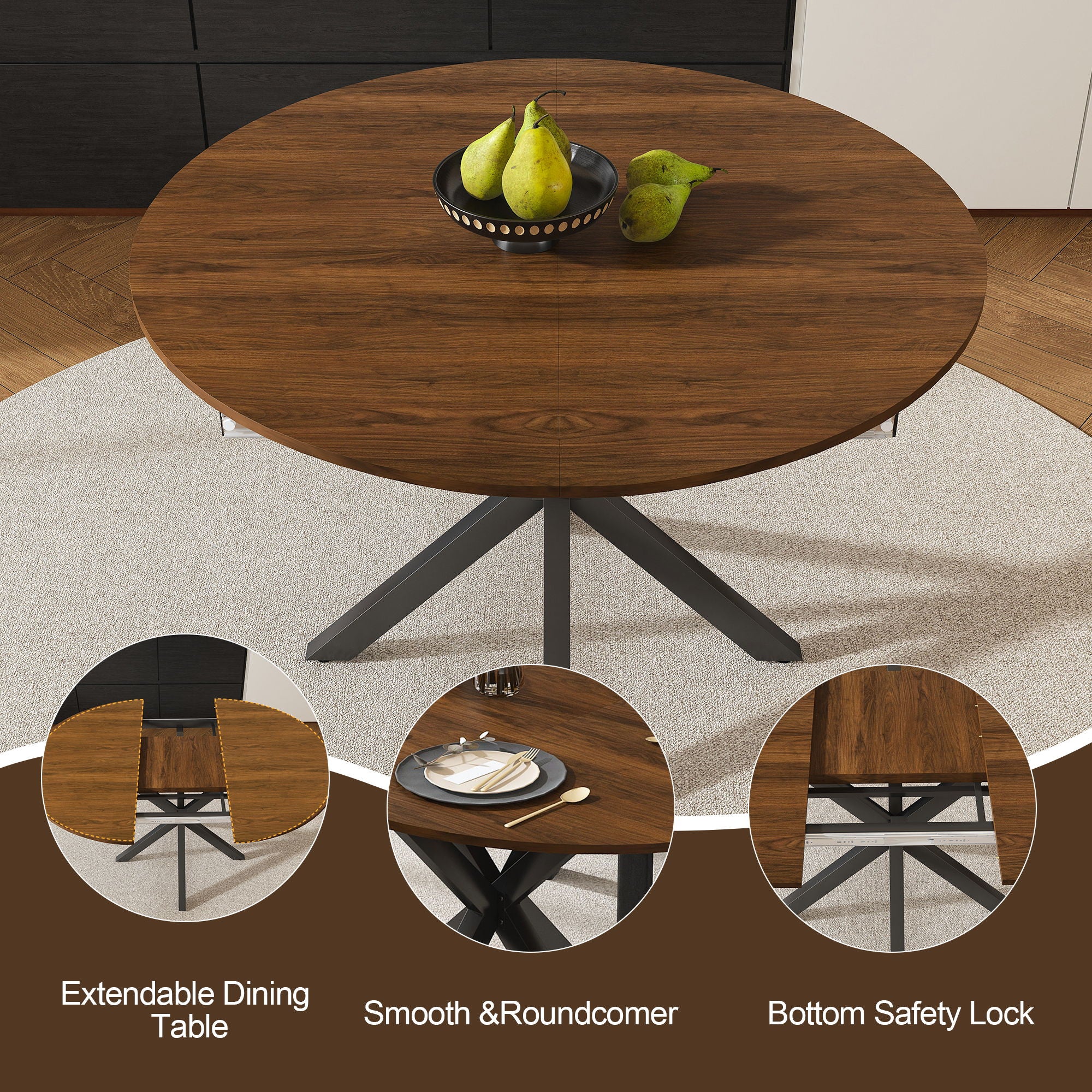 Retractable Dining Table, Round Extendable 6 Person Table - Walnut
