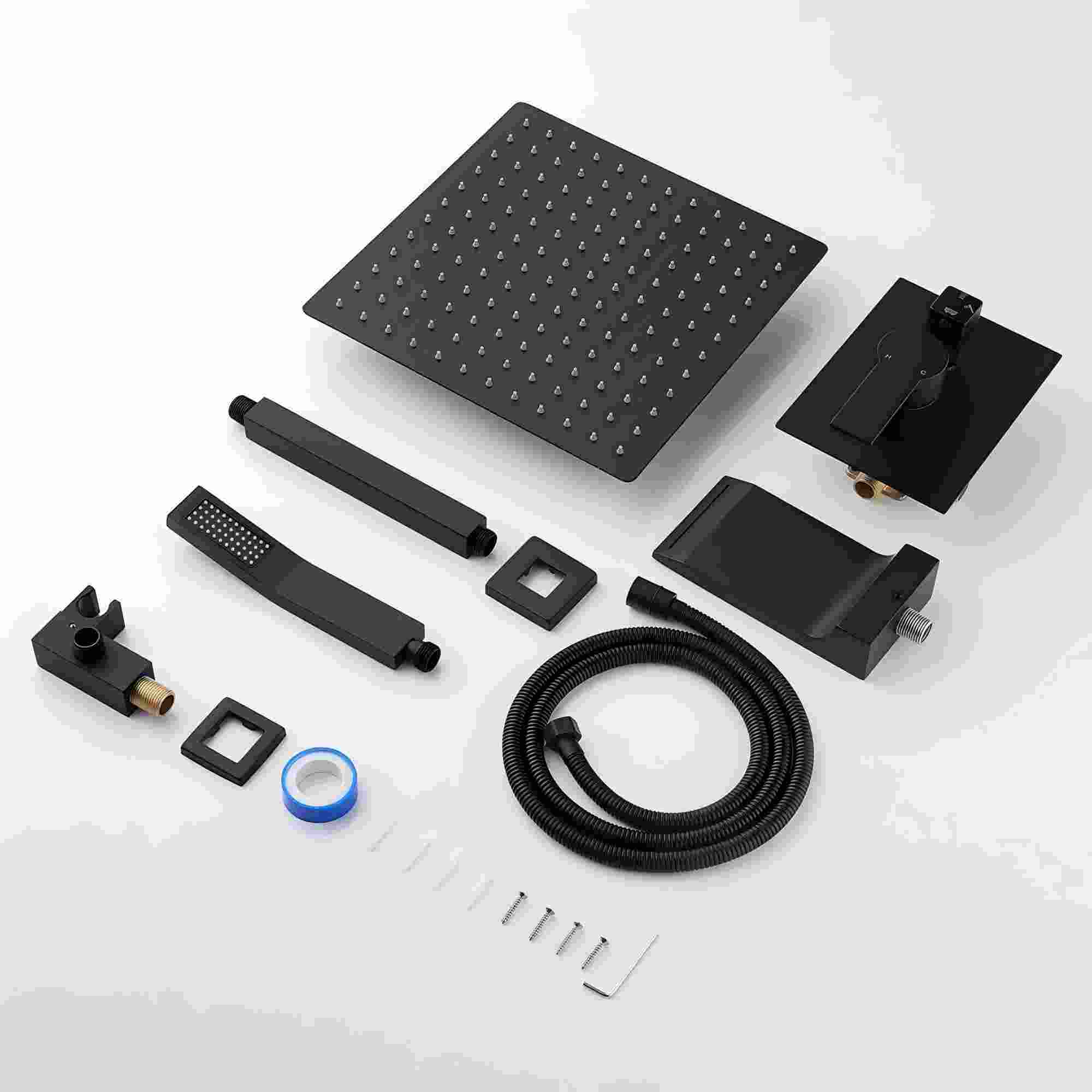 Contemporary Shower System With 12" Rainfall Head And Handheld Spray, Wall Mounted - Matte Black