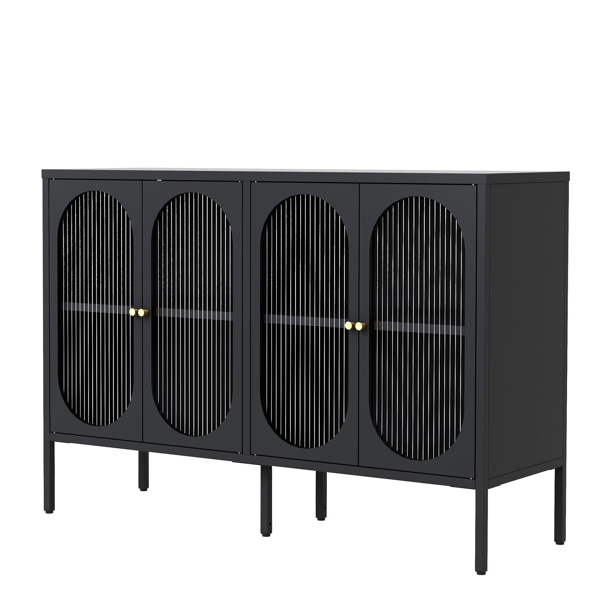 Modern Metal Sideboard Cabinet With 4 Glass Doors, Steel Kitchen Storage And Coffee Bar Cabinet - Black
