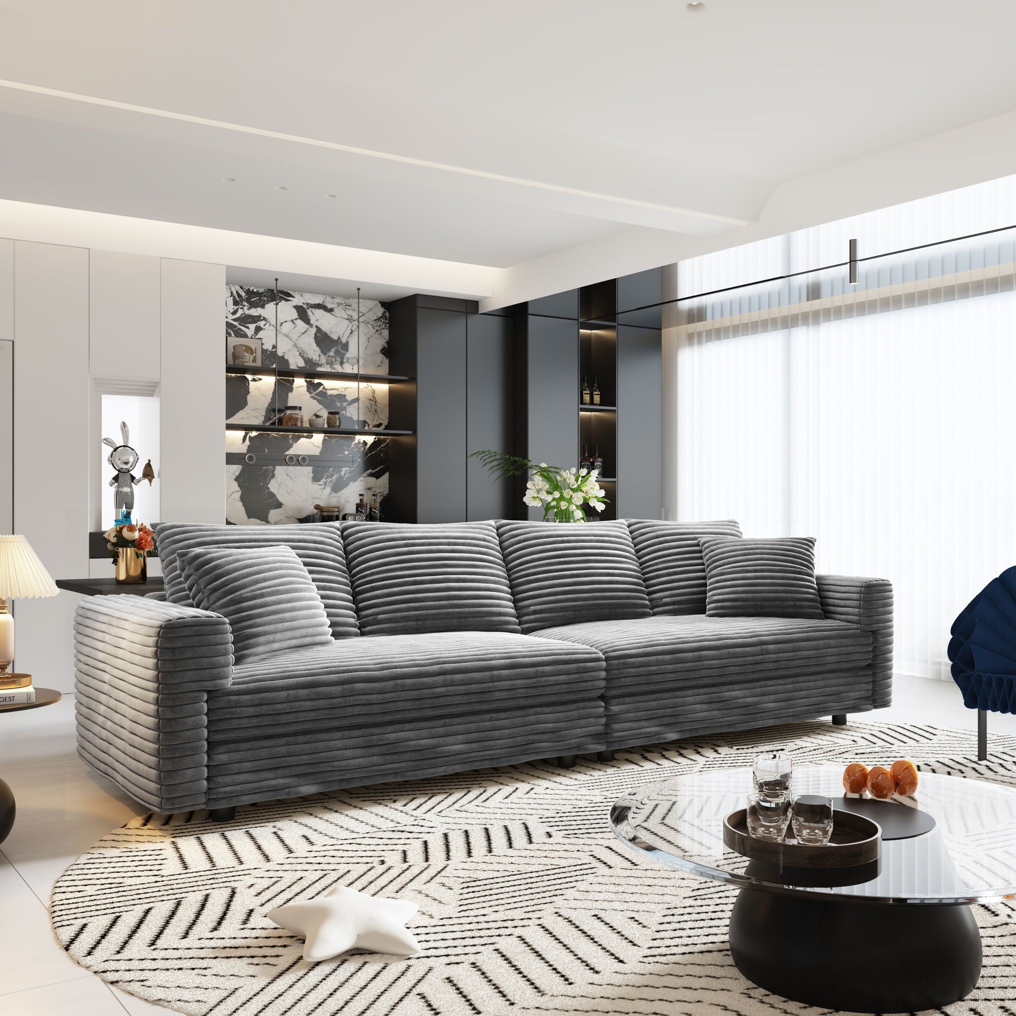 Plush Corduroy 4 Seat Sofa With Soft Pillows And Movable Ottoman