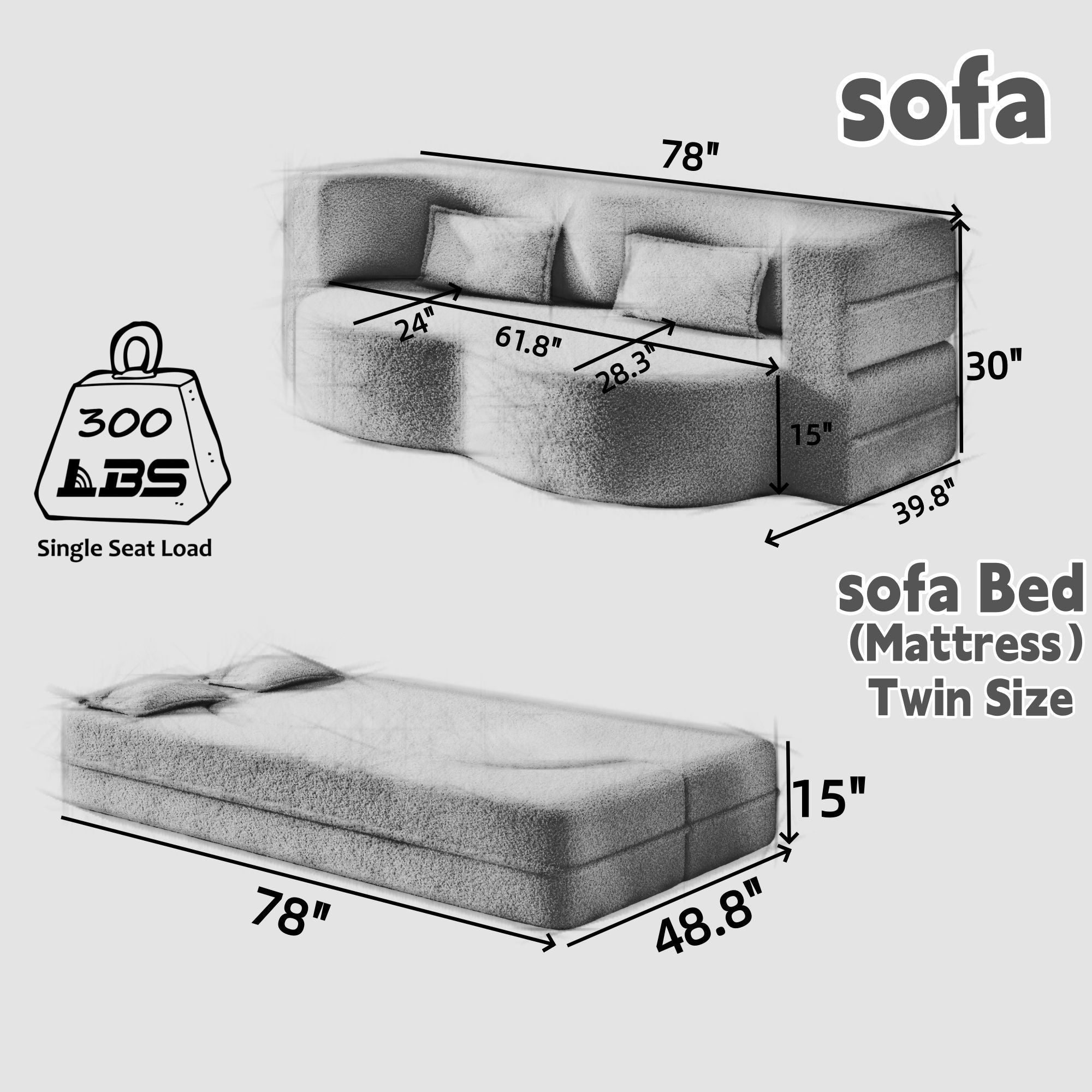 Modern Floor Sleeper Sofa Bed With 2 Pillows, Convertible Twin Size Folding Mattress For Living Room